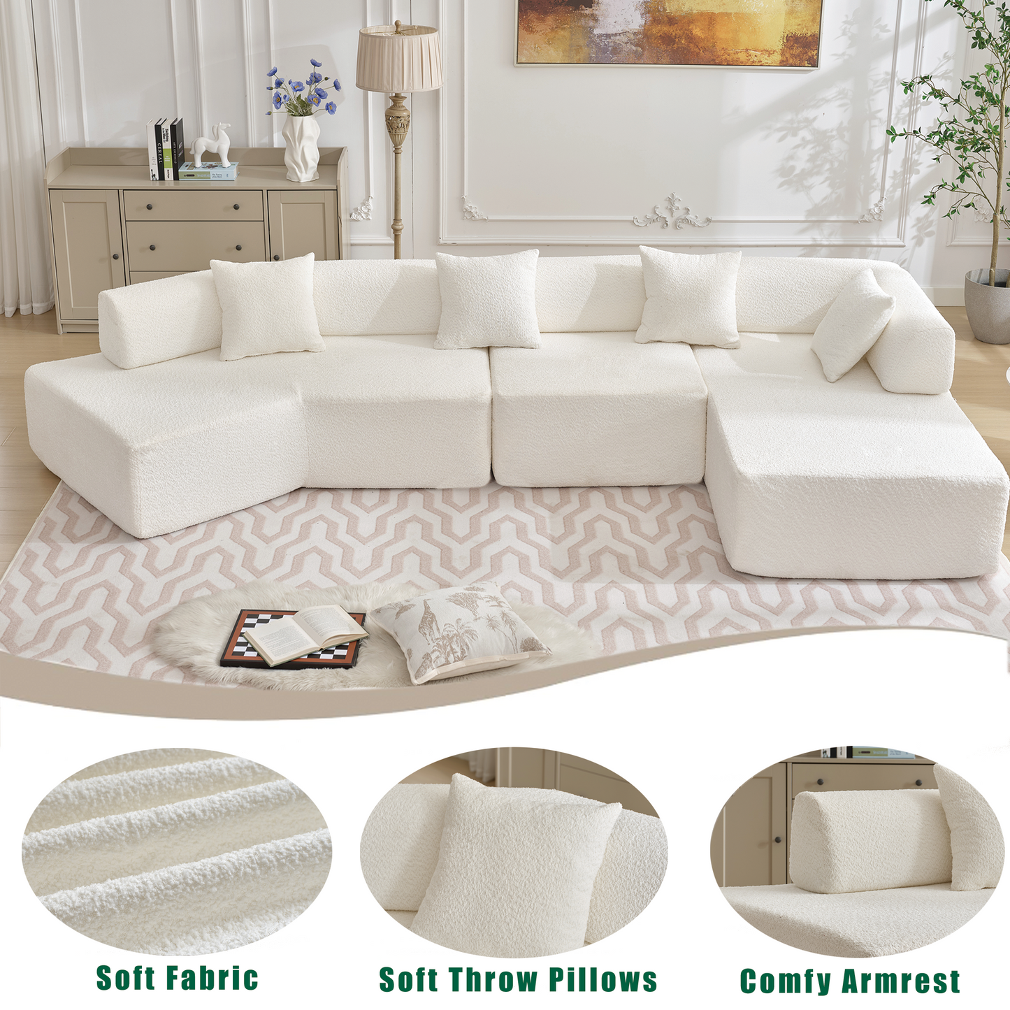 Modern Minimalist 140" L-Shape Couch ,No Assembly Required,Boucle,Modular Sofa ,Couch With Chaise