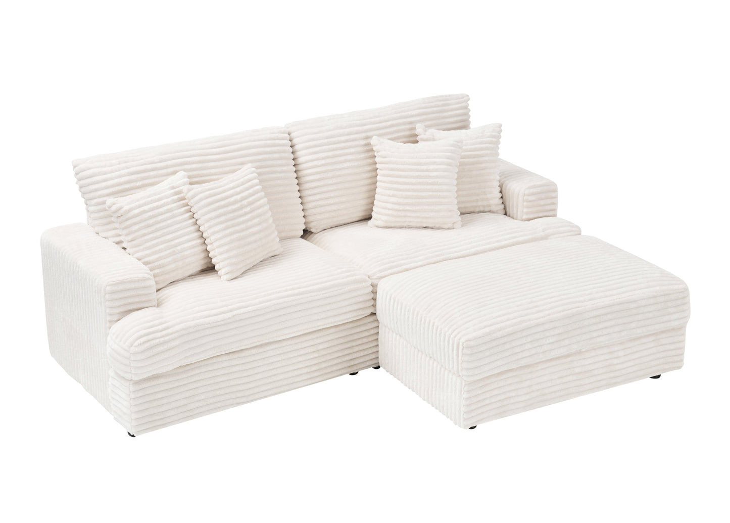 82 Inches White Corduroy Sofa, Storage Feet +4 Throw Pillows, Create a Living Room, Office Fashion New Darling