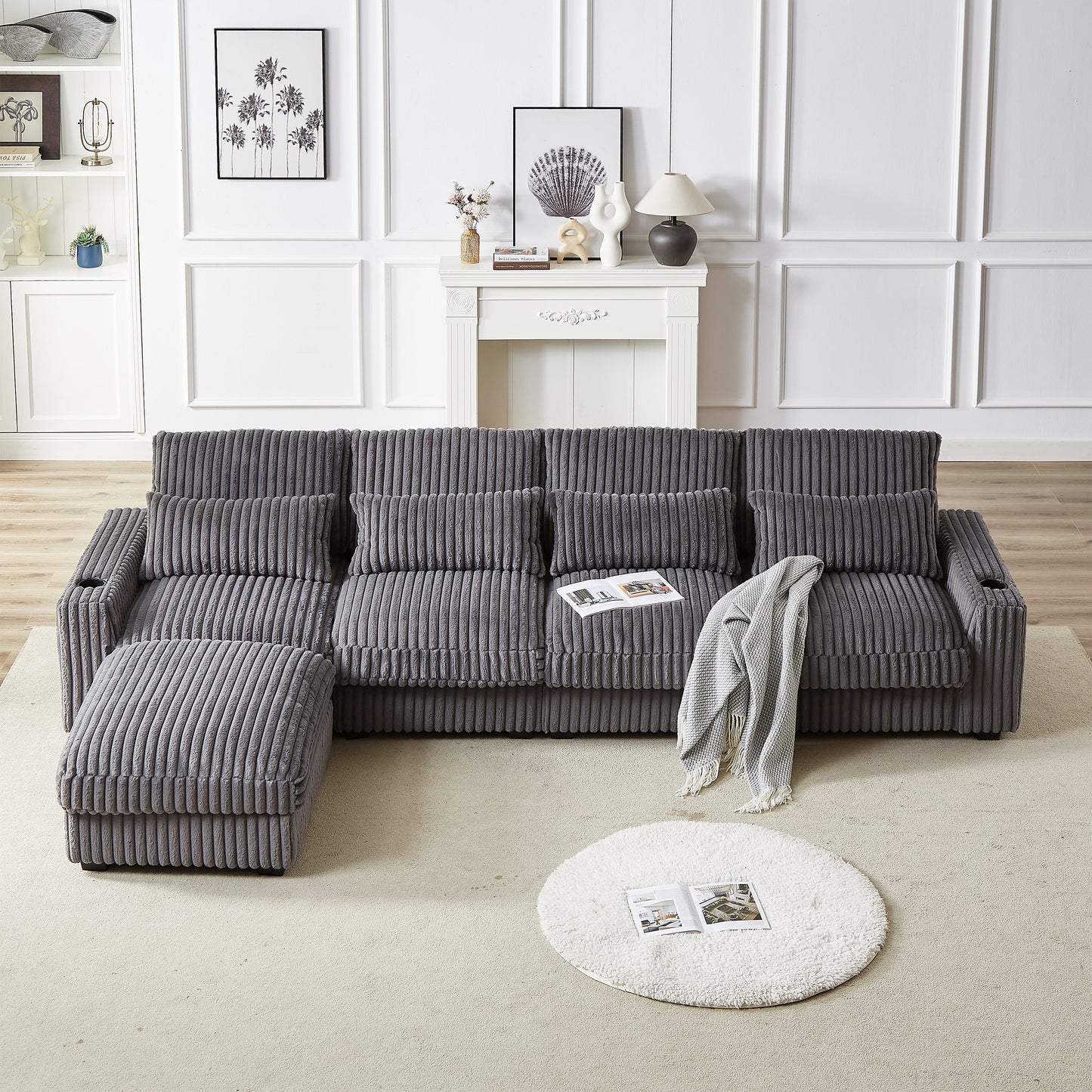 126-Inch Corduroy With Cup Holder Super Large L-Shaped Sofa, Movable Footrest, Four Waist Pillows and Four Back Cushion