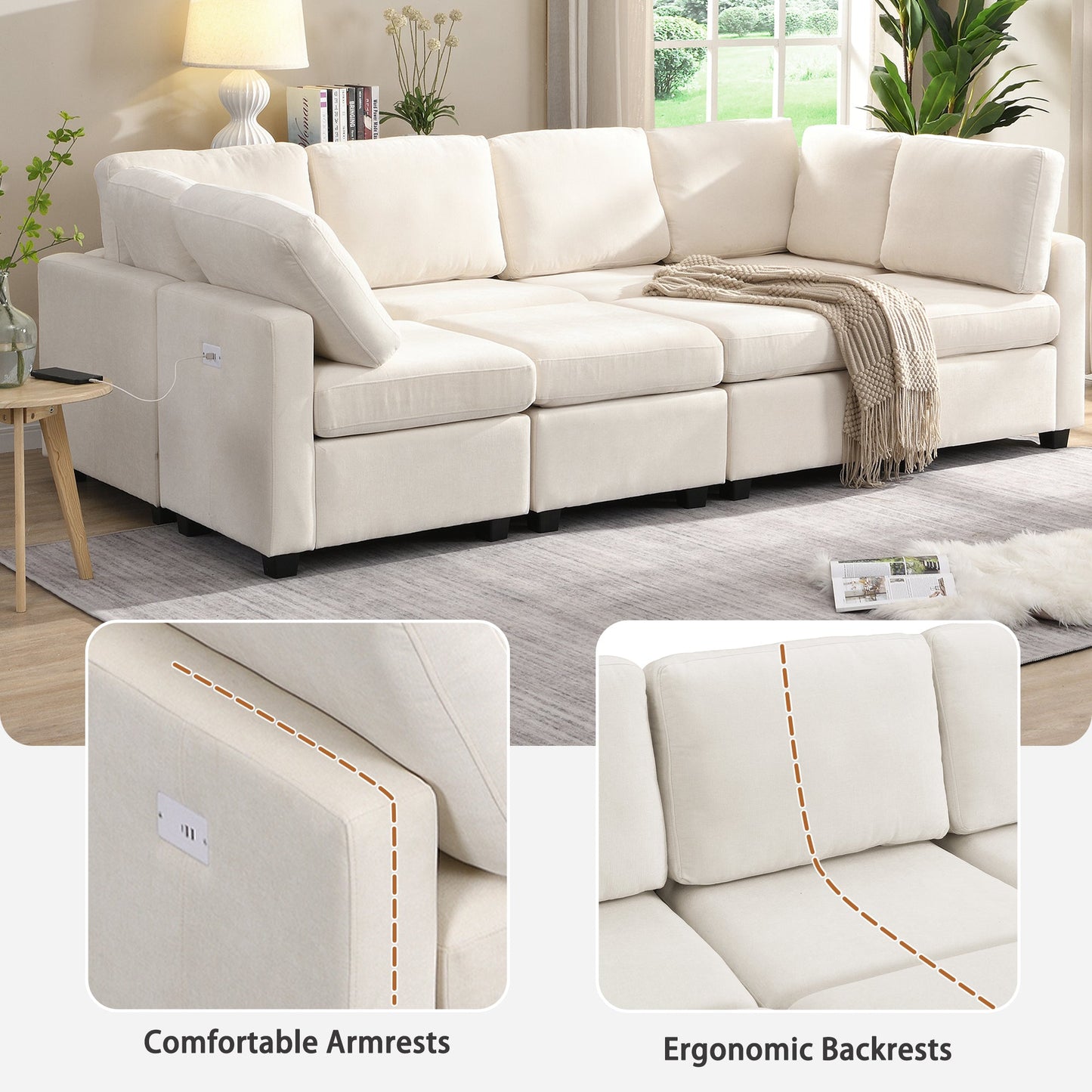 103" Sectional Sofa Couch Sofa Bed U-Shaped Sofa With Two Movable Ottoman and Three USB Ports for Living Room, Beige