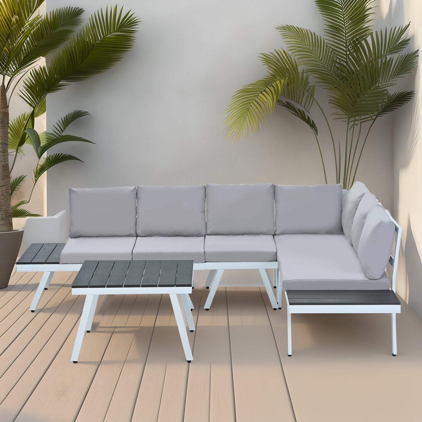 Industrial 5-Piece Aluminum Outdoor Patio Furniture Set, Modern Garden Sectional Sofa Set With End Tables, Coffee Table