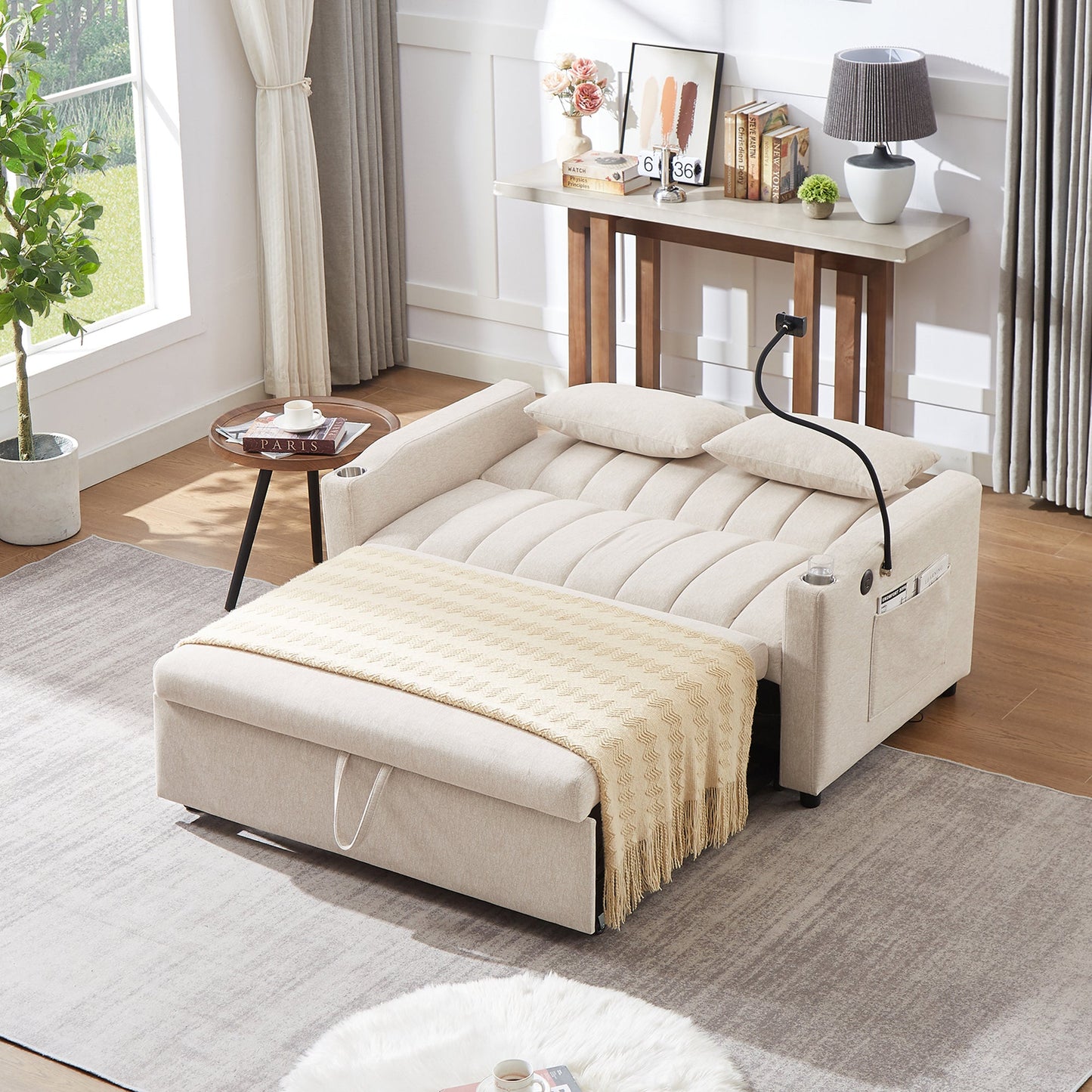 55.9" Convertible Sofa Bed Loveseat Sofa With Three USB Ports, Two Side Pockets, Two Cup Holders