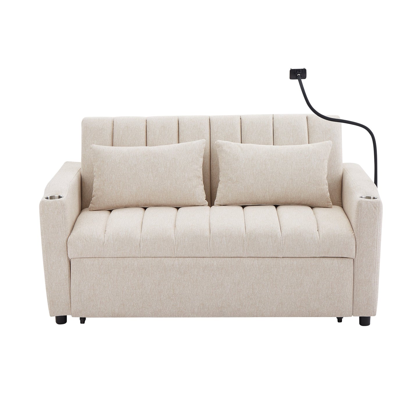 55.9" Convertible Sofa Bed Loveseat Sofa With Three USB Ports, Two Side Pockets, Two Cup Holders