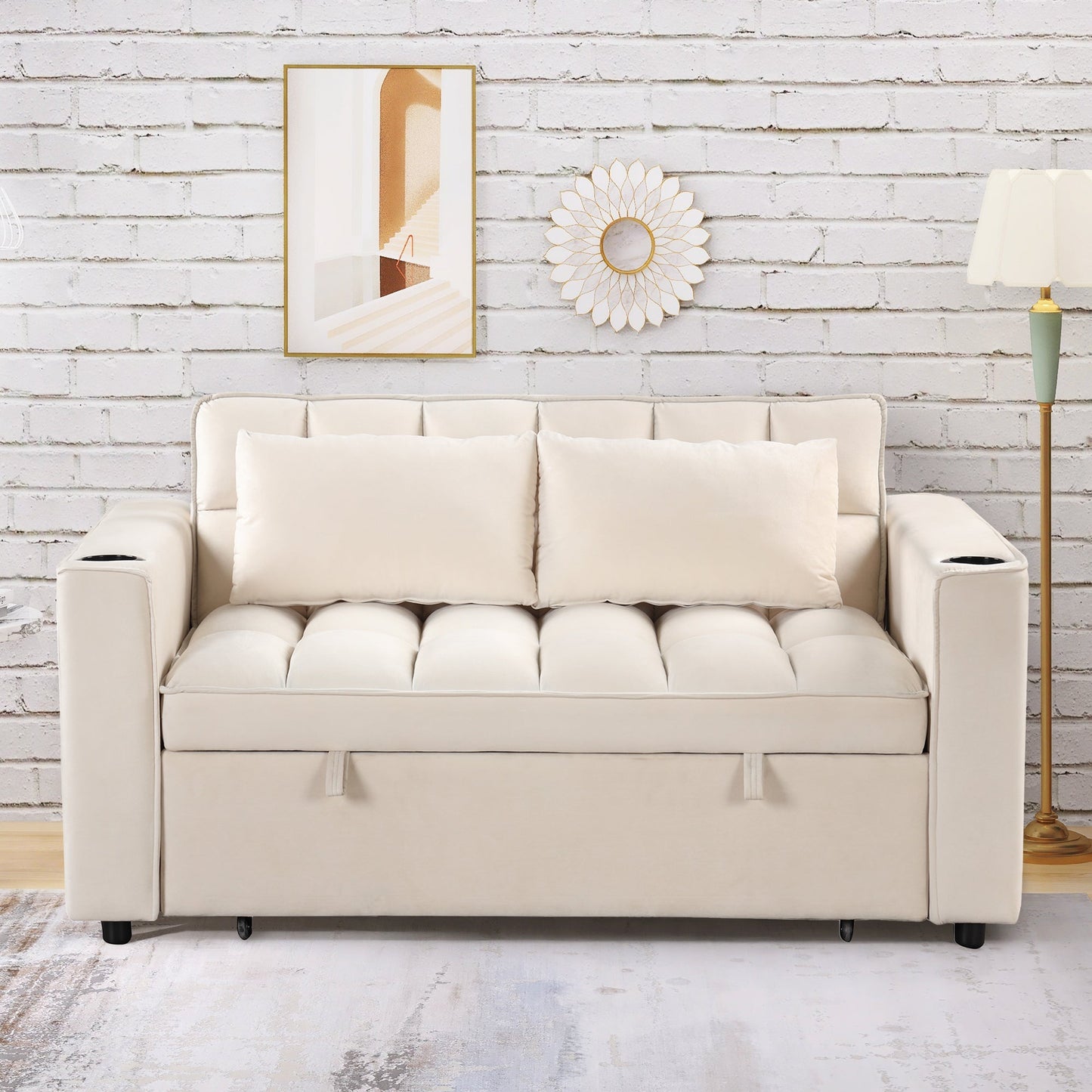 55.3" 4-1 Multi-Functional Sofa Bed With Cup Holder and USB Port for Living Room or Apartments Milky White