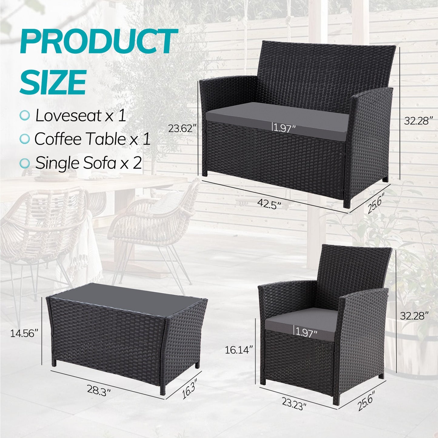 4 Piece Outdoor PE Wicker Furniture Set, Patio Black Rattan Sectional Sofa Couch With Washable Cushions