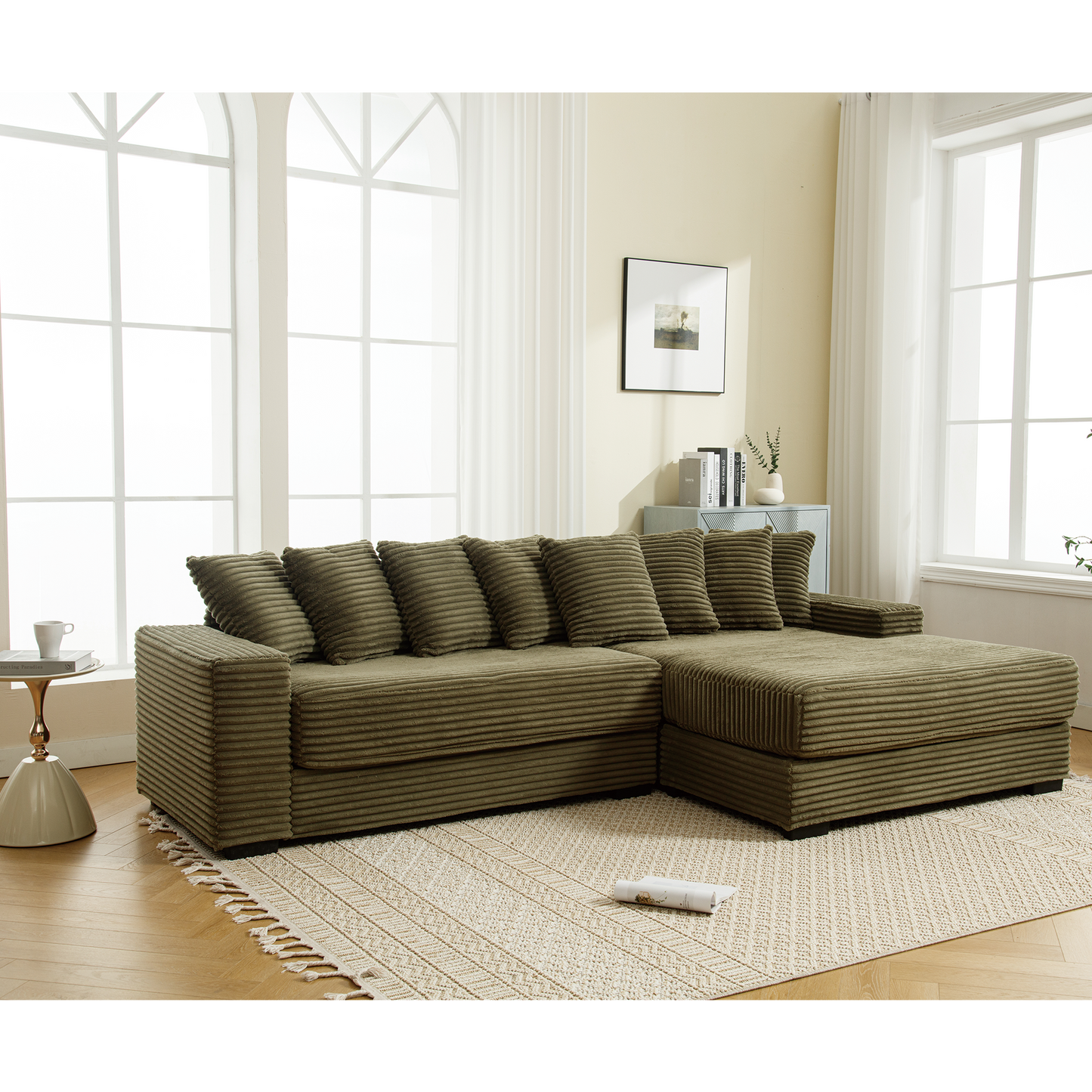 Oversized Two-Piece Couches, L Shaped Sofa, Corduroy, Right Chaise Daybed,with Armrests,Eight Throw Pillows,Corner Sofa
