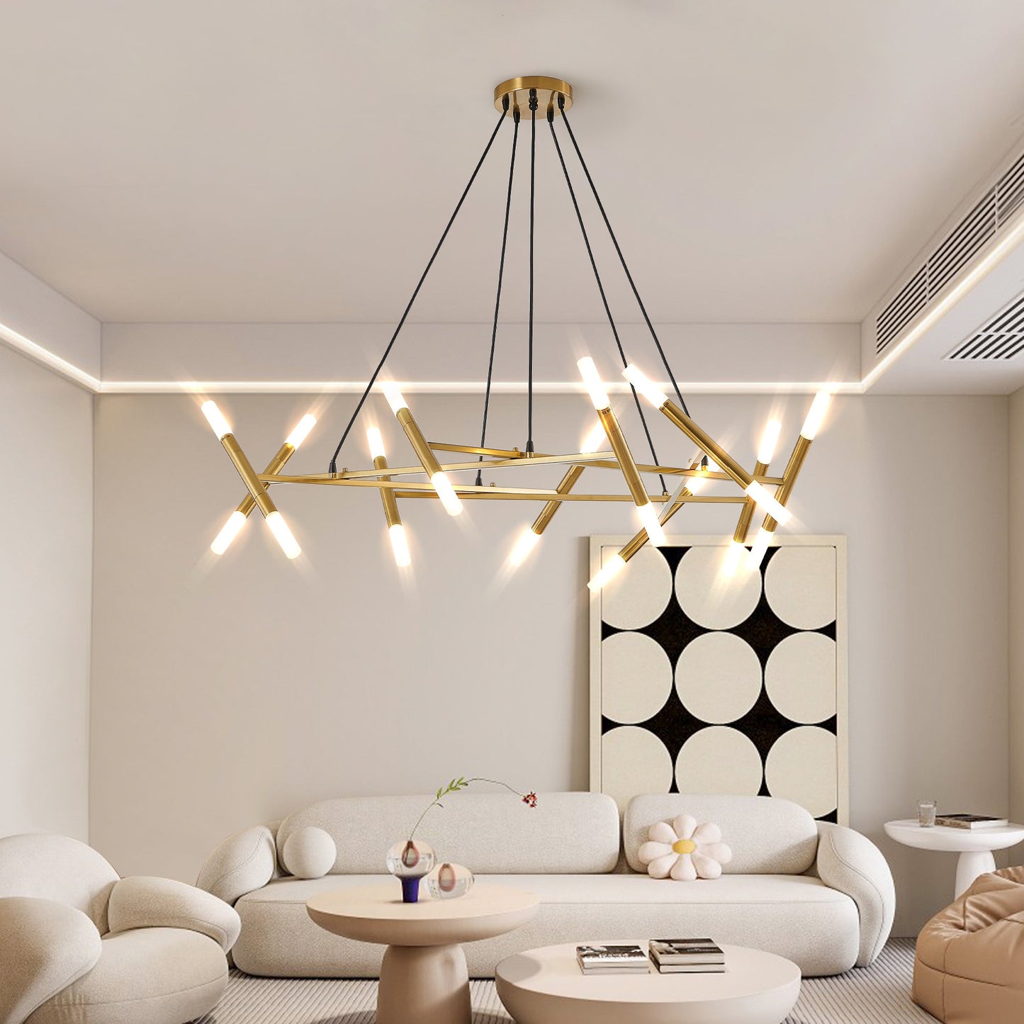 Golden Modern Chandelier Light Fixture, Branch Design With Frosted Tubes, Black Cords, Adjustable Height Pendant Light