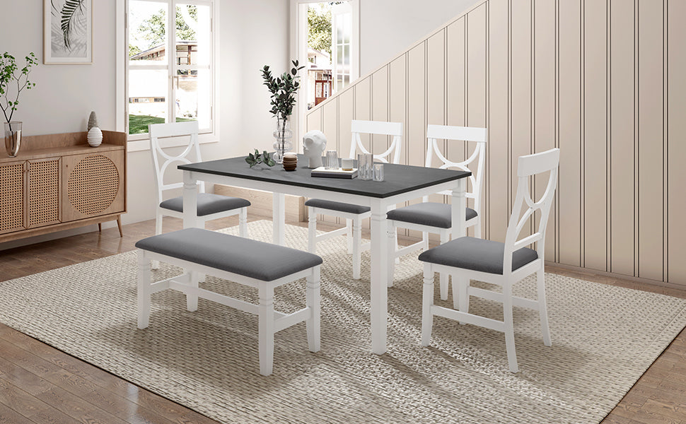 6-Piece Wood Dining Table Set Kitchen Table Set With Upholstered Bench and 4 Dining Chairs, Farmhouse Style,Gray+White
