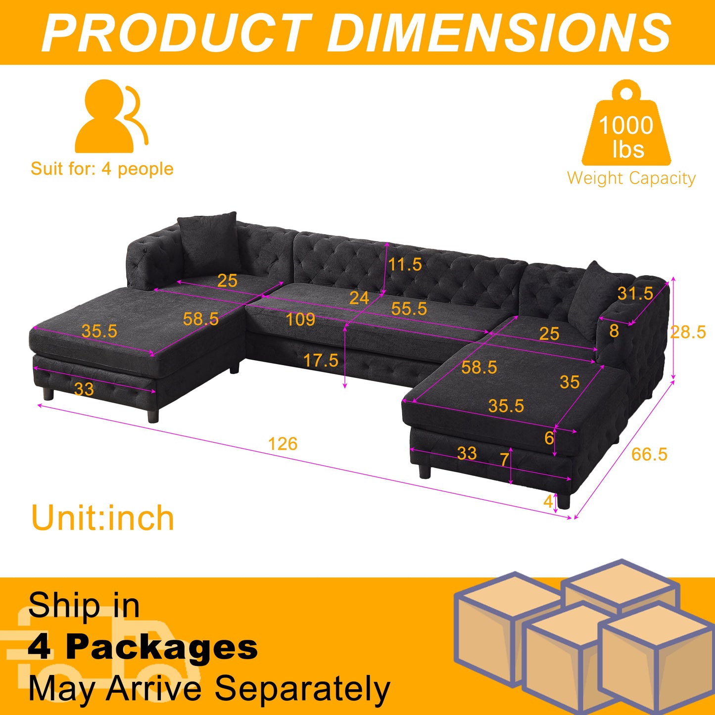 126-Inch Modern Style Chenille Three Piece Sofa, Pull Point Design U-Shaped Sofa Two Chaise Longue Seats, Two Pillows