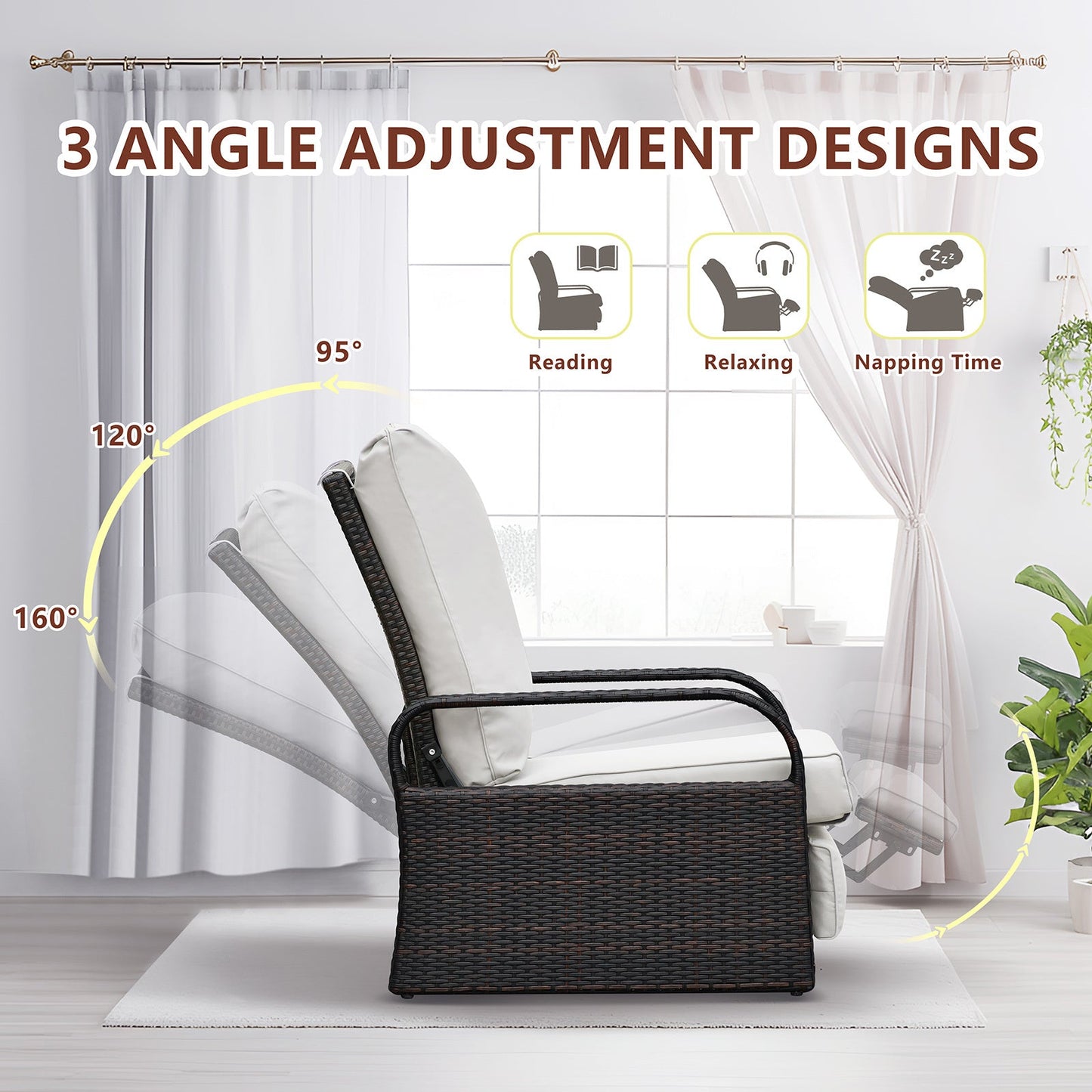 Outdoor Recliner Chair; Automatic Adjustable Wicker Lounge Recliner Chair With 5.12'' Thicken Cushion