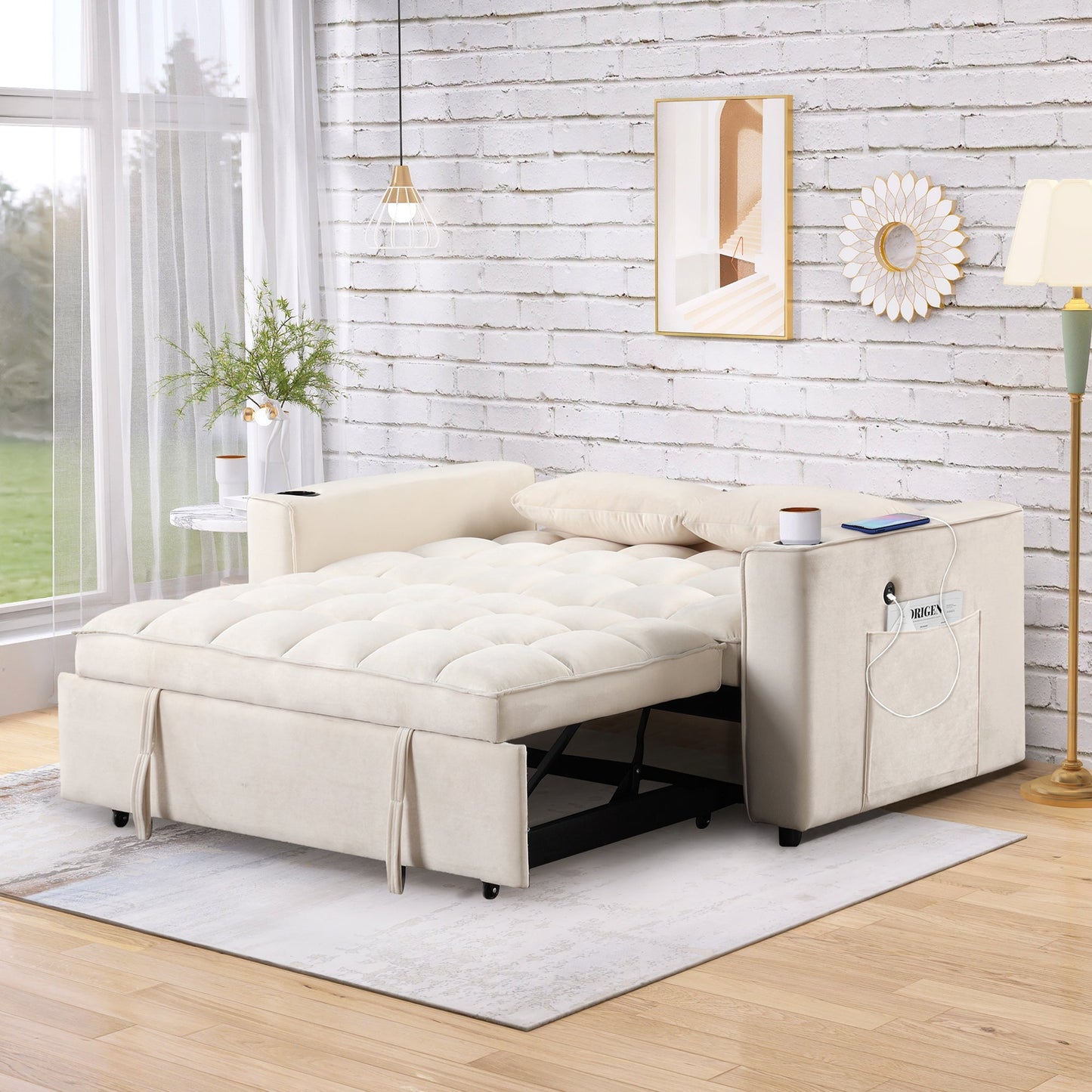 55.3" 4-1 Multi-Functional Sofa Bed With Cup Holder and USB Port for Living Room or Apartments Milky White