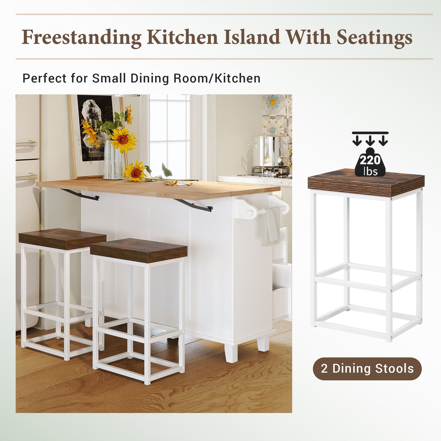 Farmhouse Kitchen Island Set With Drop Leaf and 2 Seatings,Dining Table Set With Storage Cabinet, Drawers and Towel Rack