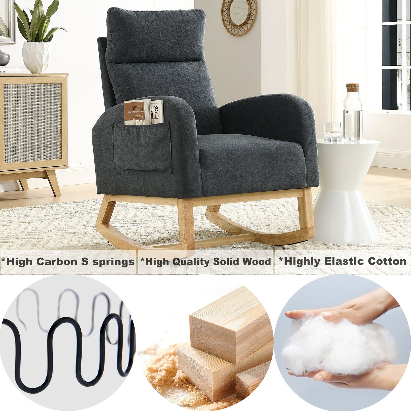 Modern Accent High Backrest Living Room Lounge Arm Rocking Chair, Two Side Pocket