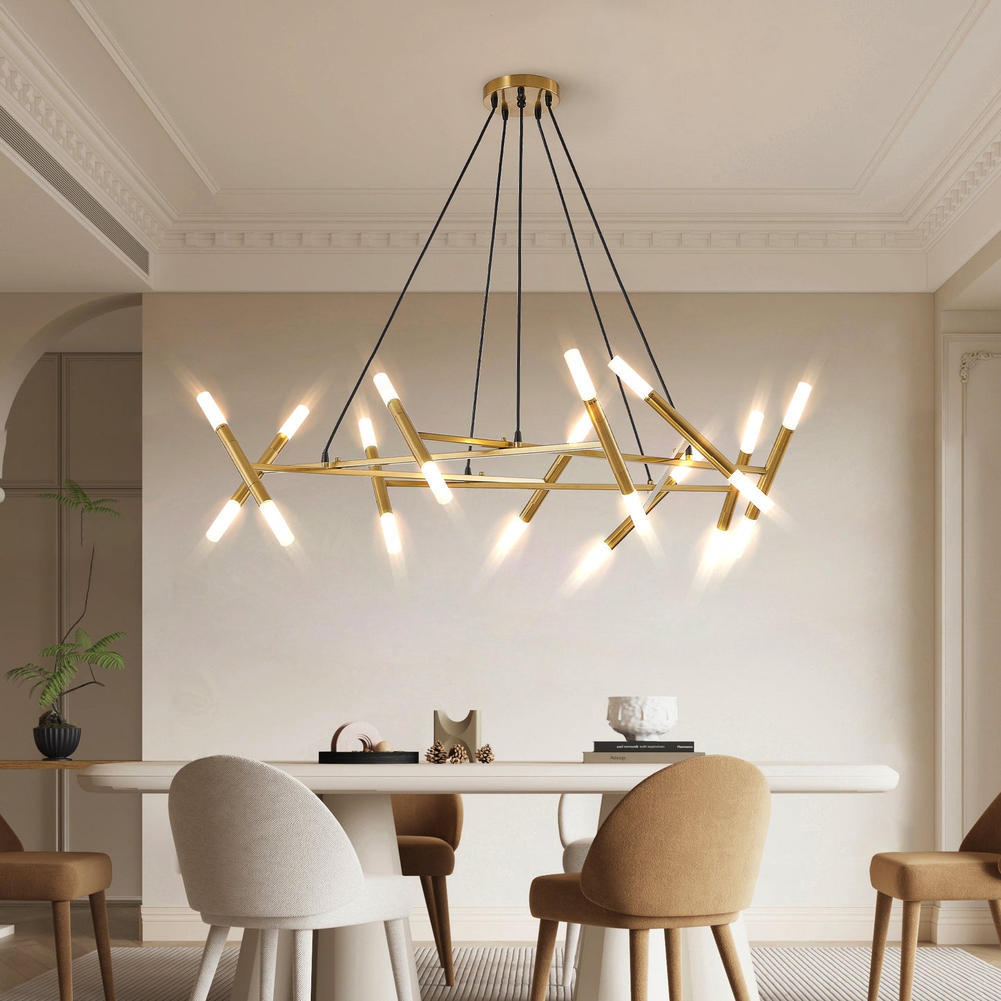 Golden Modern Chandelier Light Fixture, Branch Design With Frosted Tubes, Black Cords, Adjustable Height Pendant Light
