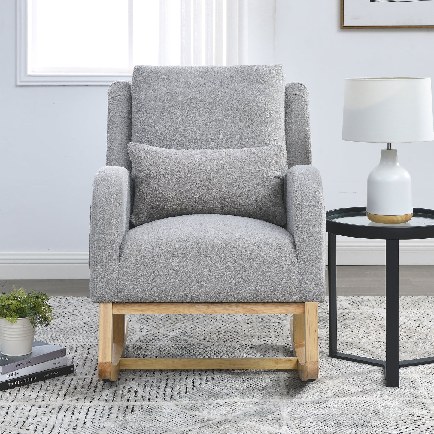 27.5 "W Modern Accent High Back Living Room Casual Armchair Rocker With One Lumbar Pillow, Two Side Pockets