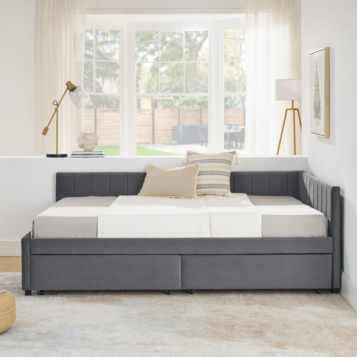 Full Size Upholstered Tufted Bed Frame With Two Drawers, Sofa Bed Frame With Comfortable Backrest and Armrests, Velvet