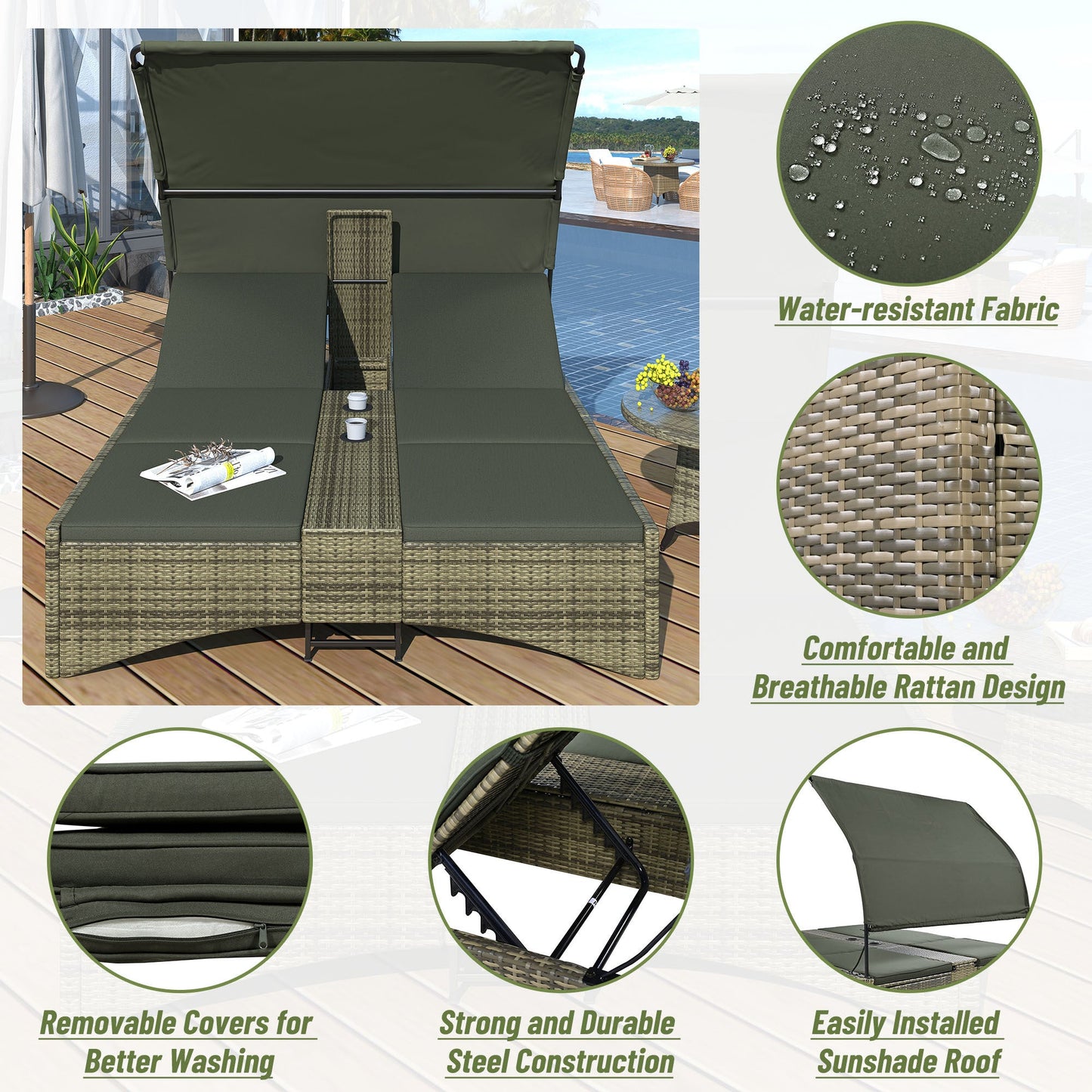 Patio Daybed Outdoor Daybed Outdoor Rattan Sun Lounger With Shelter Roof With Adjustable Backrest, Storage Box