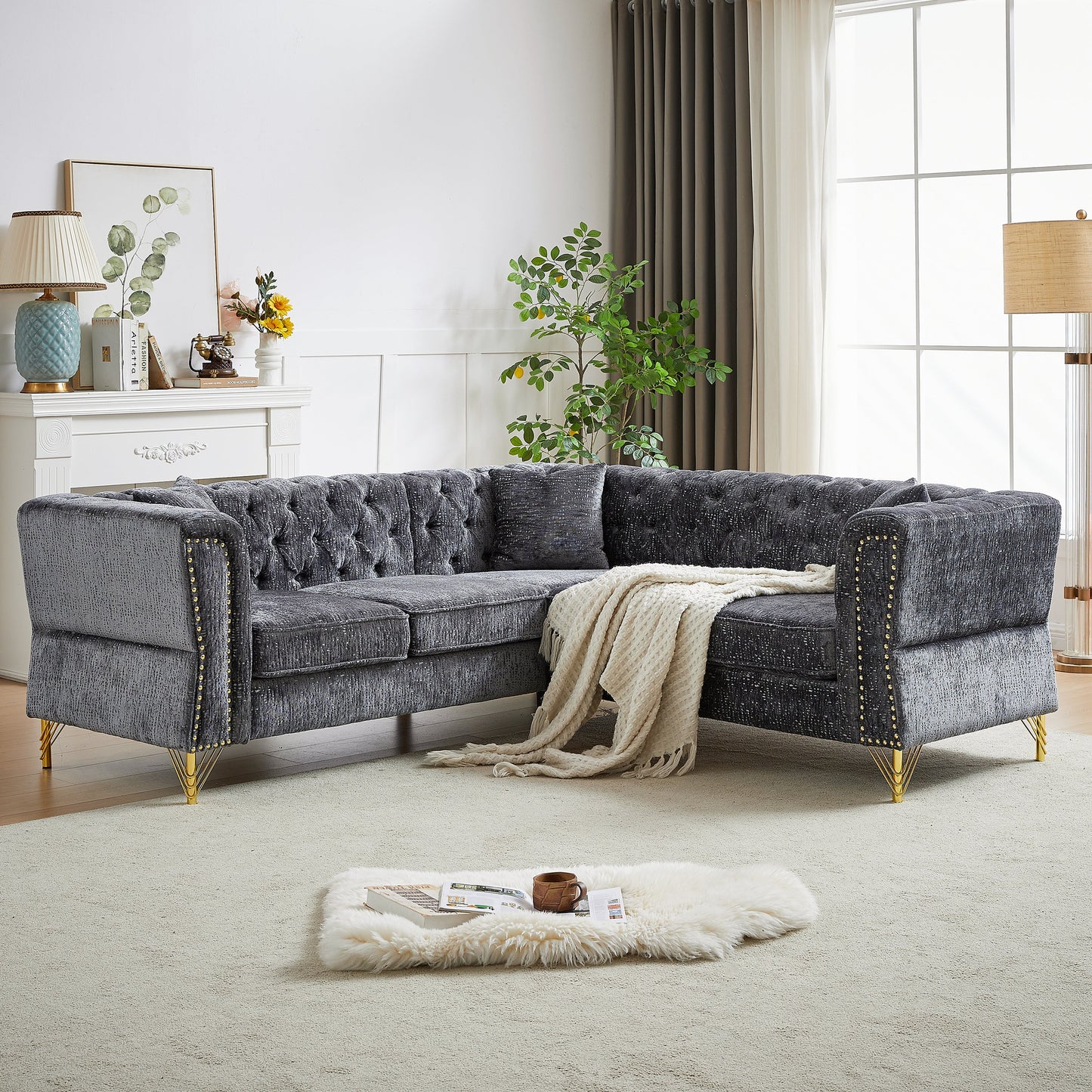 81.5-Inch Chenille Corner Sofa , L-Shaped Sectional Couch, 5-Seater Corner Sofas With 3 Cushions for Living Room, Bedroom