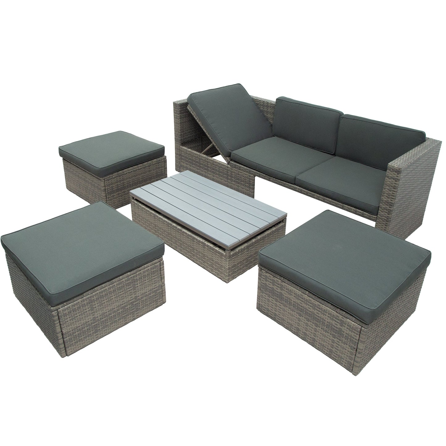 Patio Furniture Sets, 5-Piece Patio Wicker Sofa With Adustable Backrest, Cushions, Ottomans and Lift Top Coffee Table