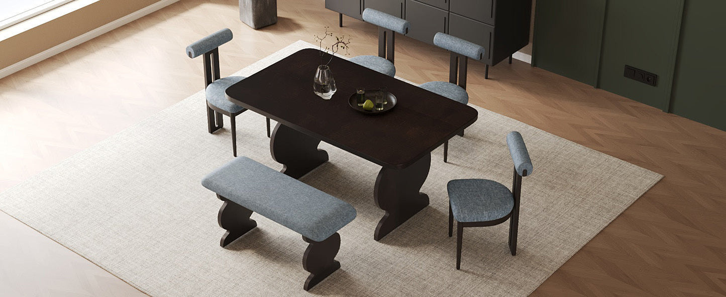 6-Piece Dining Set, Mid-Century Modern Table Set for 6 Persons With 4 Chairs and Bench, Padded Seats and Backrest