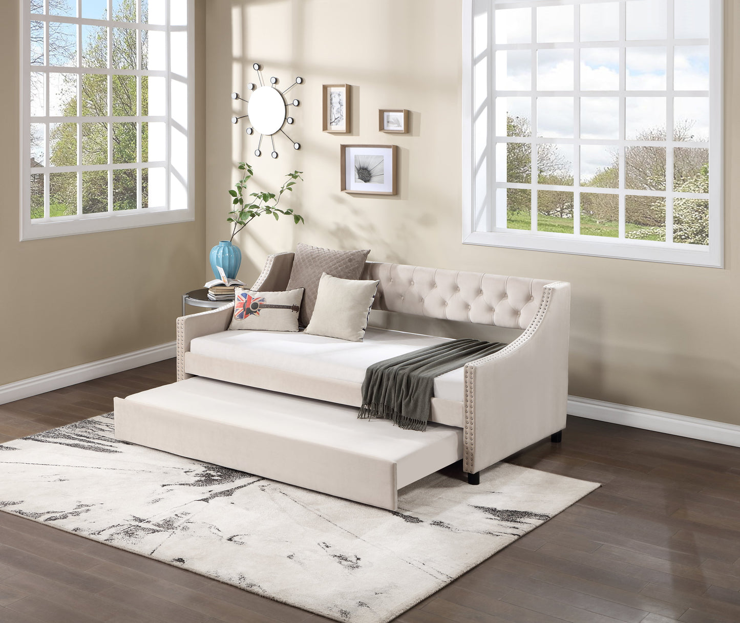 Daybed With Trundle Upholstered Tufted Sofa Bed, With Button and Copper Nail on Arms Full Size Beige