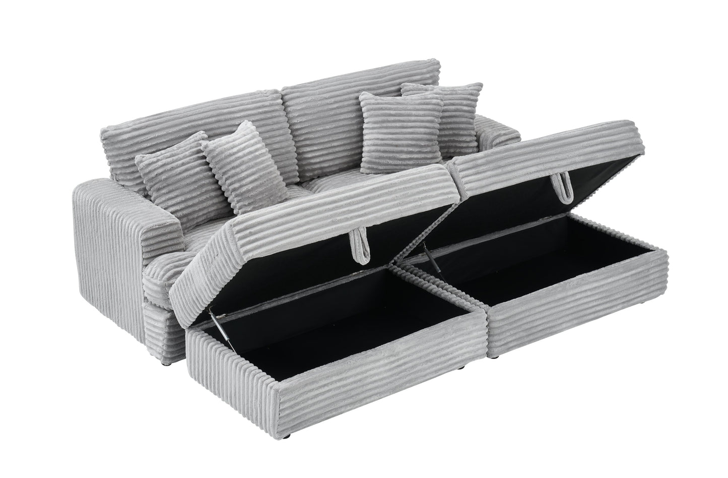 82 Inches Gray Corduroy Sofa, Two Storage Feet +4 Throw Pillows, Create a Living Room, Office Fashion New Darling