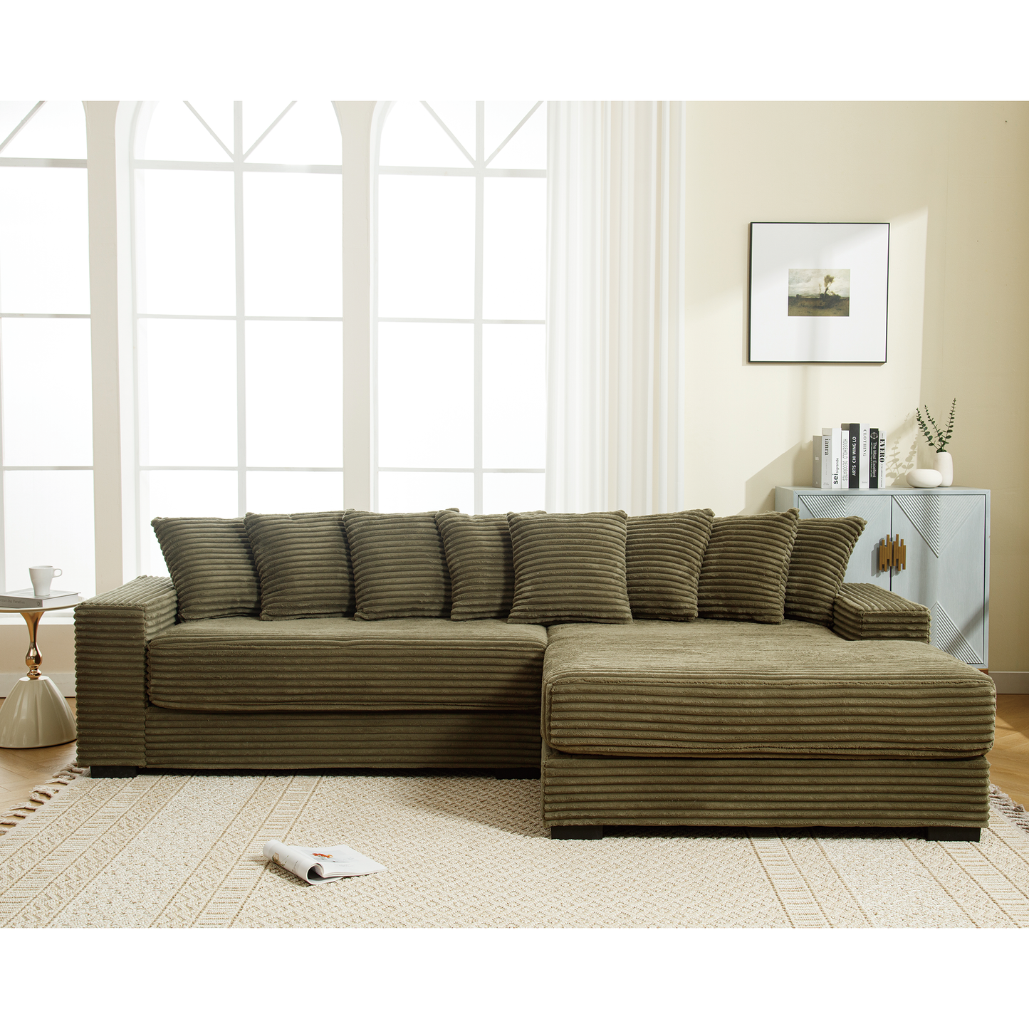 Oversized Two-Piece Couches, L Shaped Sofa, Corduroy, Right Chaise Daybed,with Armrests,Eight Throw Pillows,Corner Sofa