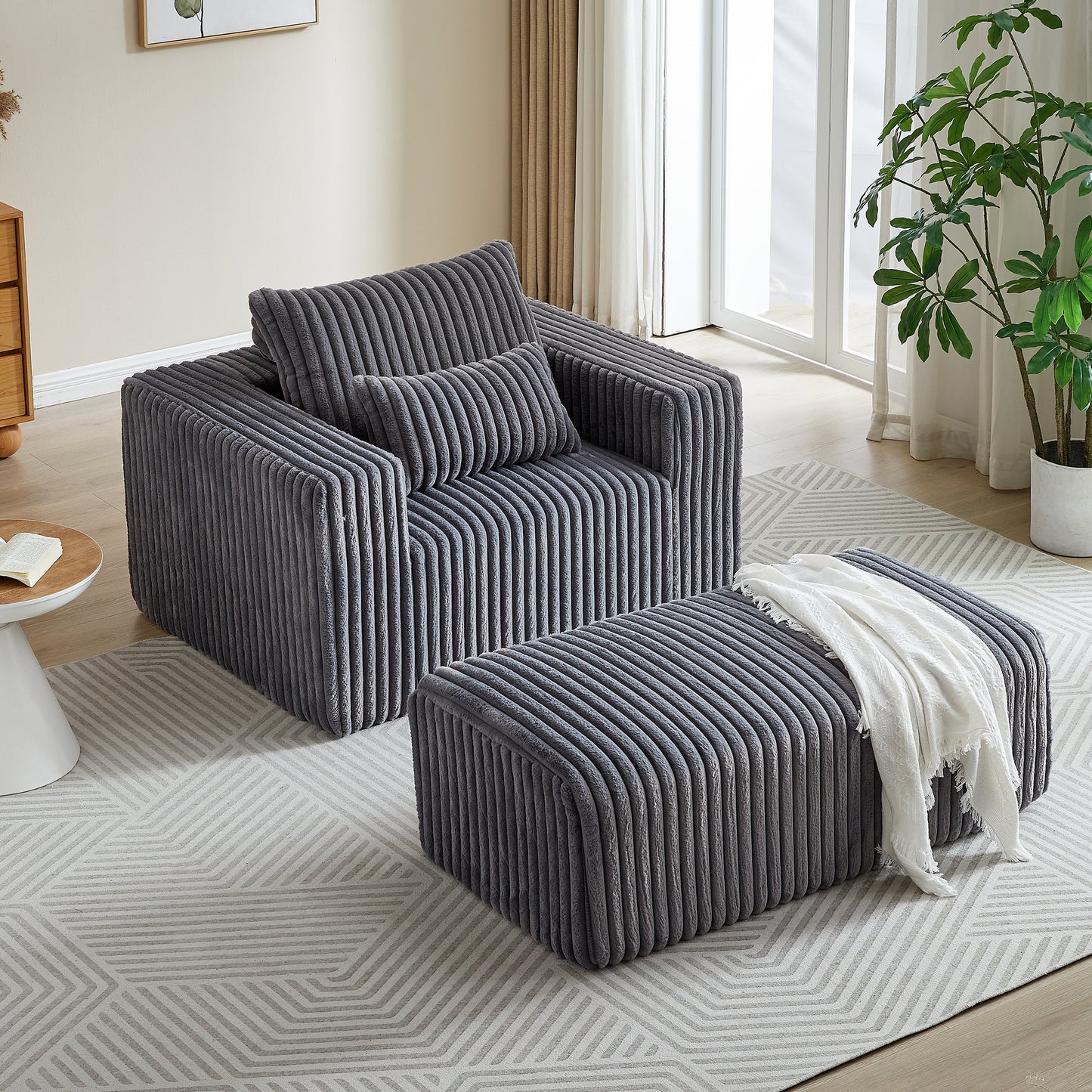 62.5-Inch Corduroy Sponge Sofa Lounge Chair With Removable Footrest,No Assembly Required,Fluffy Modern Sleeper Chair
