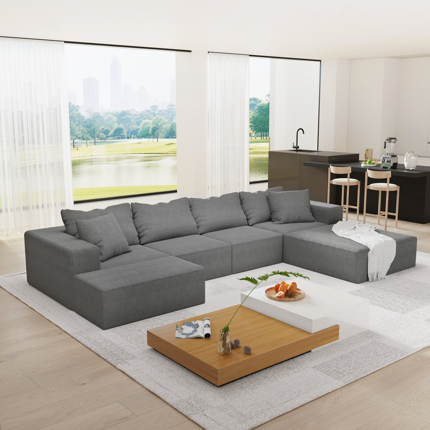 Modern Upholstered Sectional Sofa Couch Set,Modular 132" L Shaped Sectional Living Room Sofa Set With 6 Pillows,Free Com