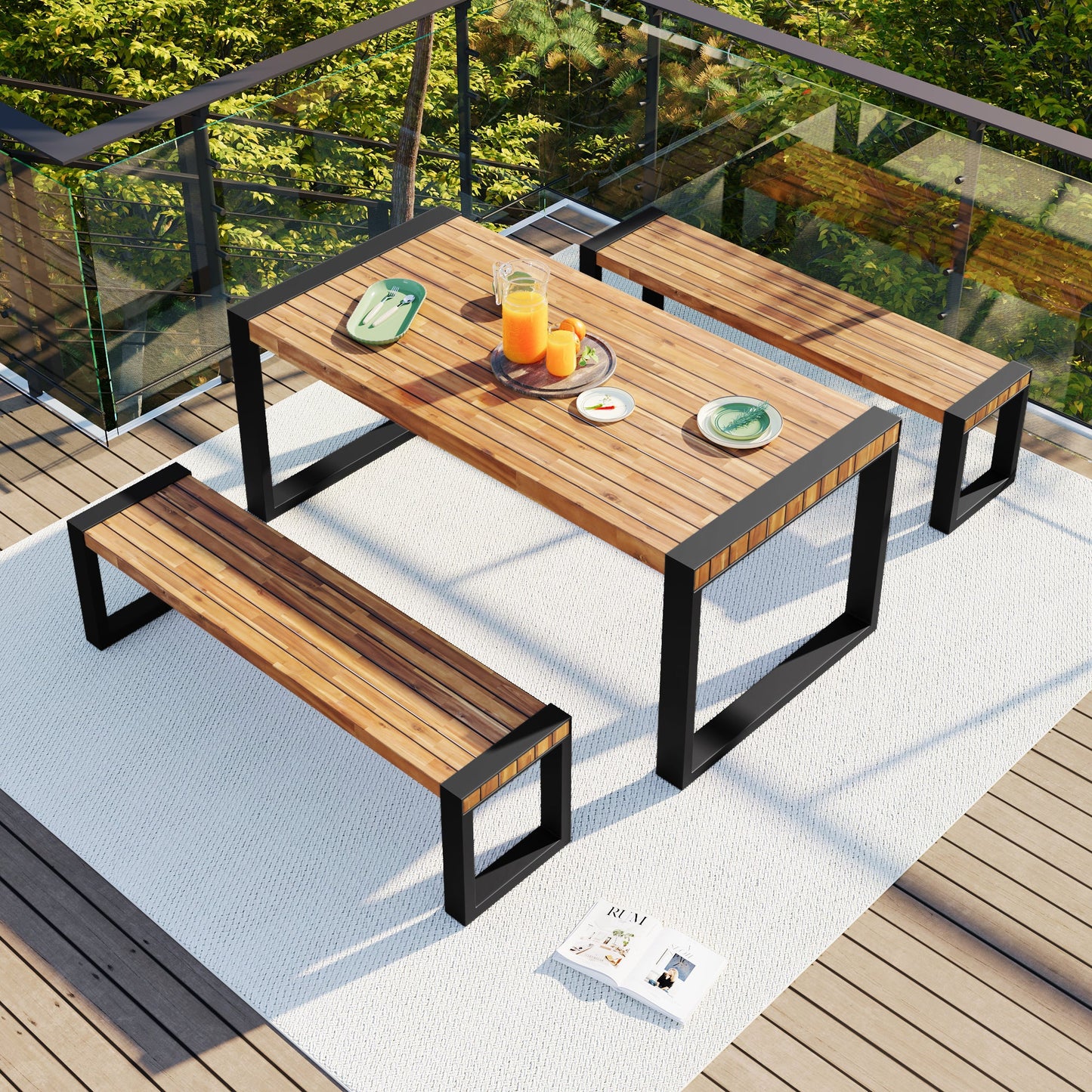 3-Pieces Outdoor Dining Table With 2 Benches, Patio Dining Set With Unique Top Texture, Acacia Wood Top & Steel Frame