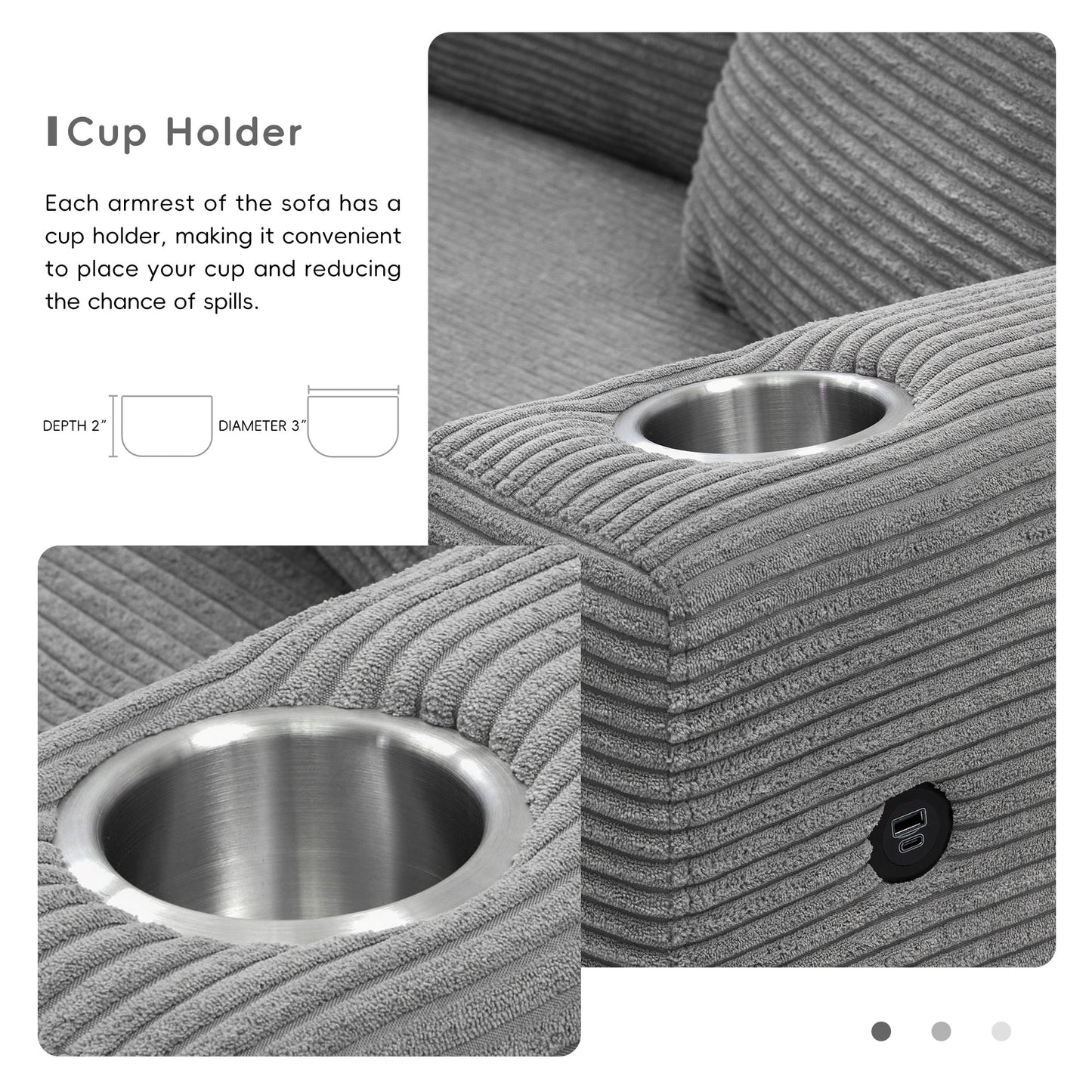 134*54"Oversized Corduroy Sectional Sofa,L Shaped Cloud Couch With USB Charging Port,Cup Holder,Deep Seat Sofa Bed