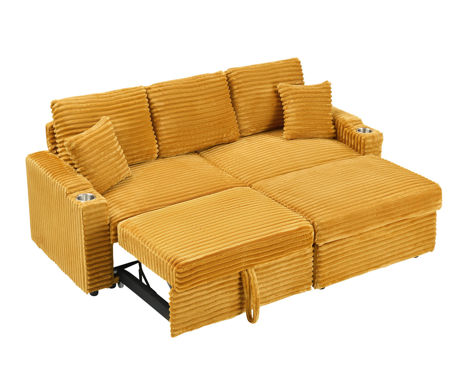 An 80-Inch Foldable and Hidden Chaise Longue Orange Corduroy Sofa With Cup Holders on the Armrests, a Footrest and Storage