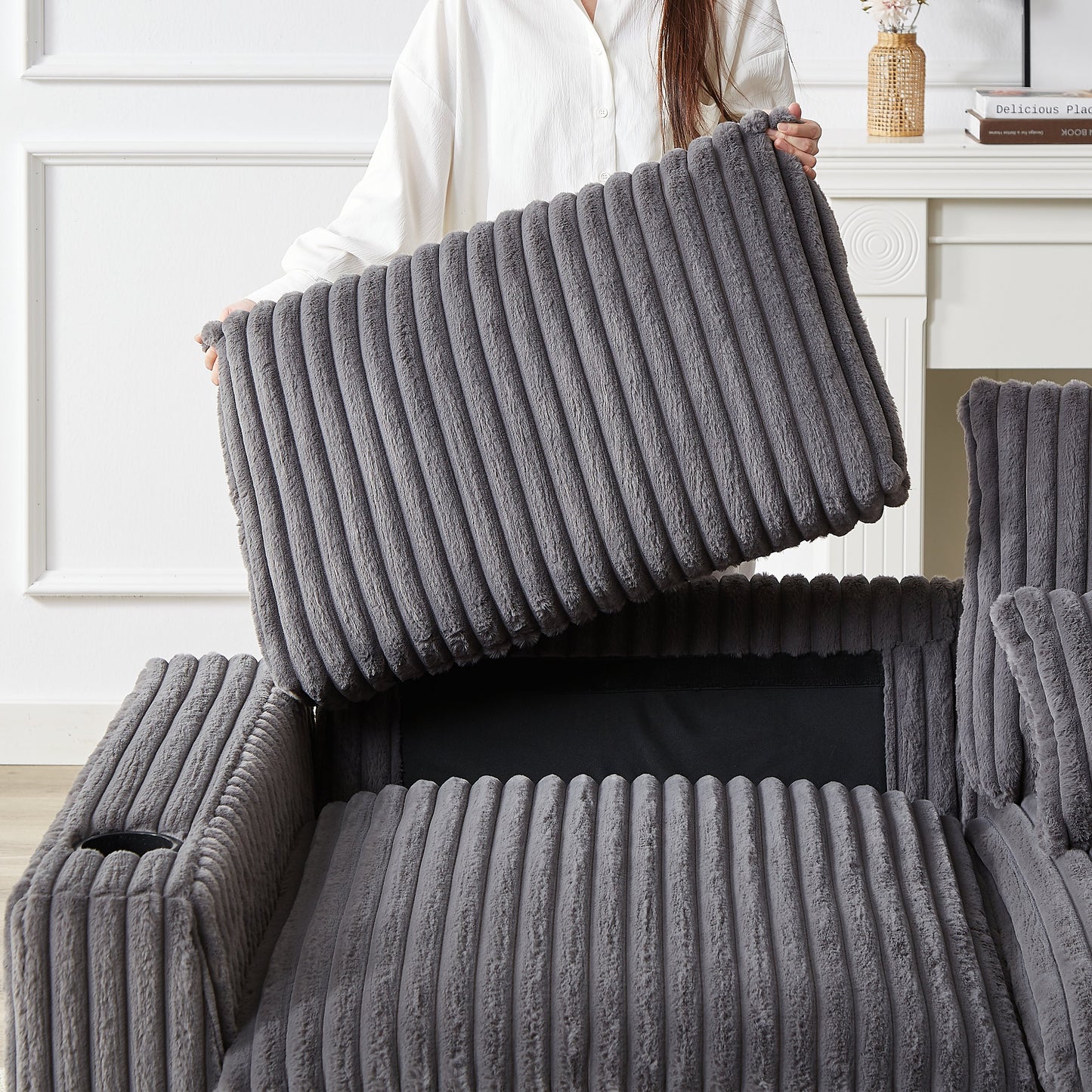 126-Inch Corduroy With Cup Holder Super Large L-Shaped Sofa, Movable Footrest, Four Waist Pillows and Four Back Cushion