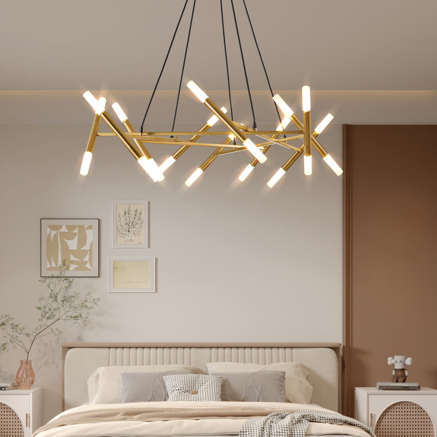 Golden Modern Chandelier Light Fixture, Branch Design With Frosted Tubes, Black Cords, Adjustable Height Pendant Light