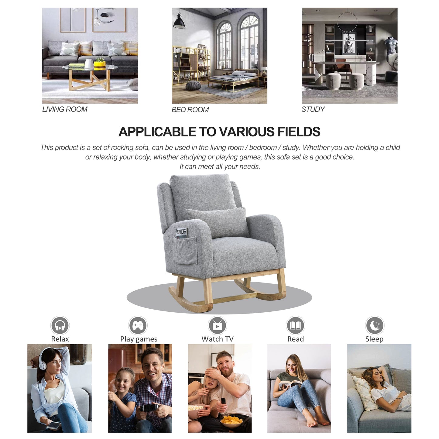 27.5 "W Modern Accent High Back Living Room Casual Armchair Rocker With One Lumbar Pillow, Two Side Pockets