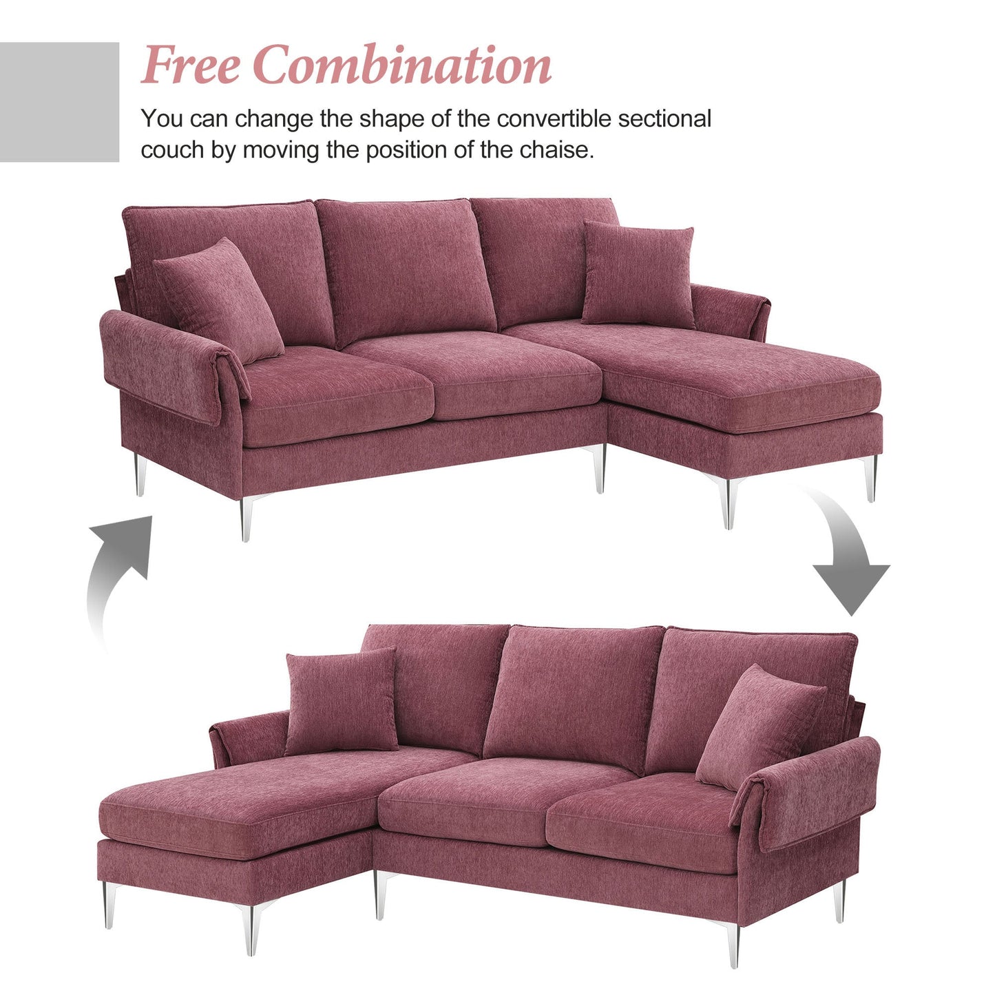 84 "Modern Chenille L-Shaped Sofa With Reversible Lounge,Convertible Sectional Couch Set,4 Seat Indoor Furniture