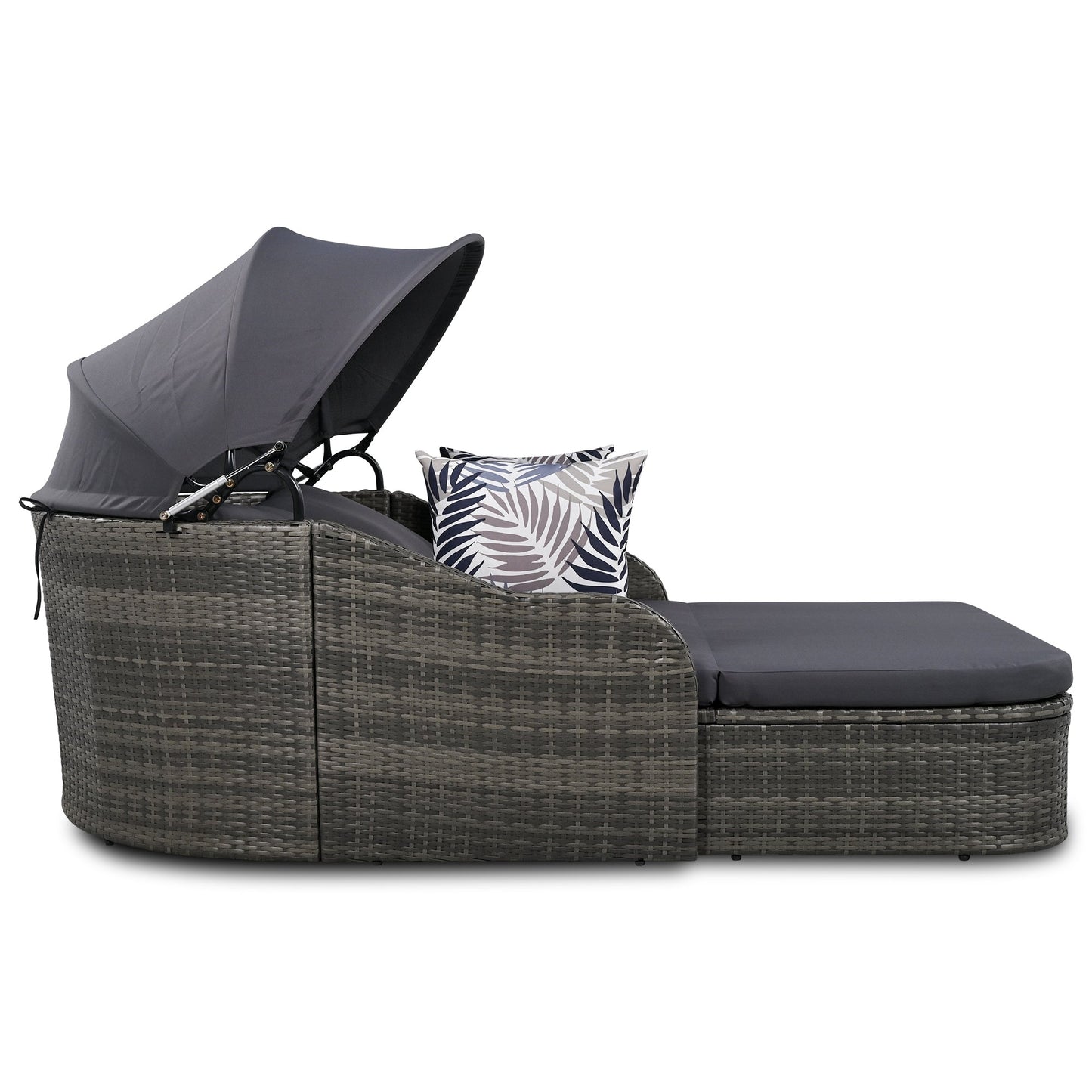 79.9" Outdoor Sunbed With Adjustable Canopy, Double Lounge, PE Rattan Daybed, Gray Wicker and Cushion