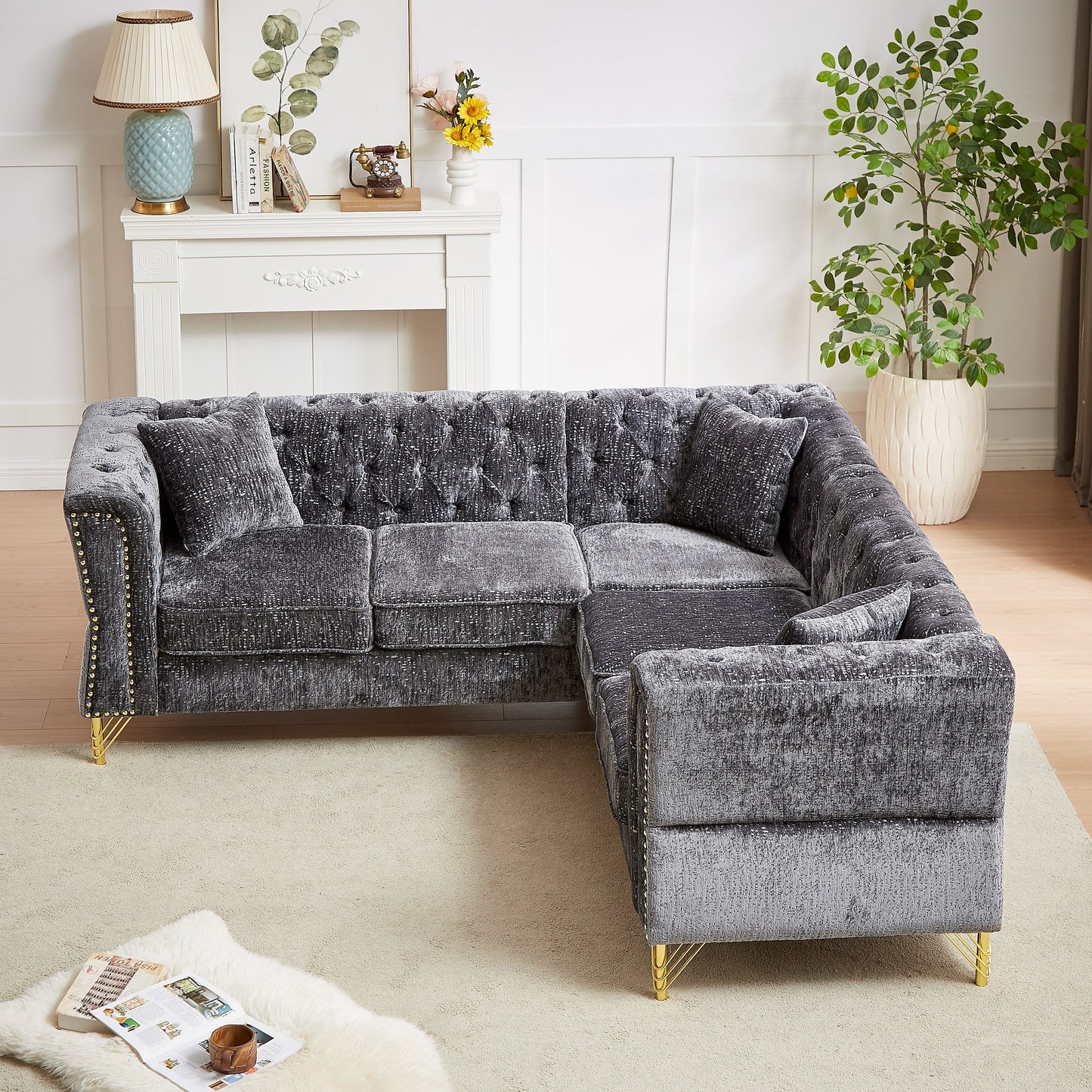 81.5-Inch Chenille Corner Sofa , L-Shaped Sectional Couch, 5-Seater Corner Sofas With 3 Cushions for Living Room, Bedroom