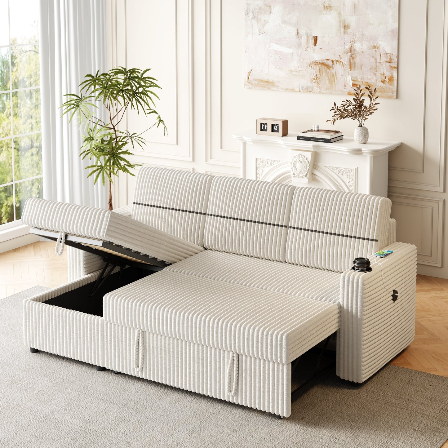 85 Inches Corduroy Sofa Bed, 3 Seater Sleeper Sofa With Storage Chaise, Square Handrail With Two Cup-Holder and USB Charger