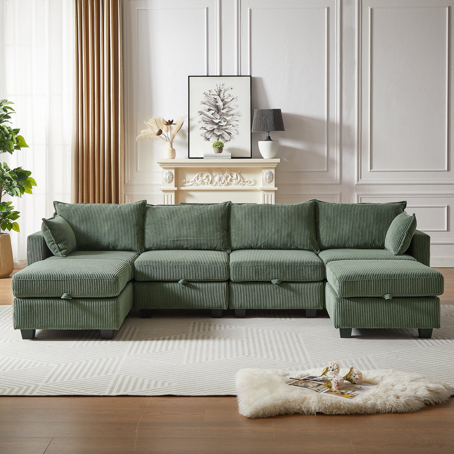 113.5'' Modular Sectiona Corduroy Sofa, Sectional Couches for Living Room U Shaped Sectional Couch With Storage Ottoman