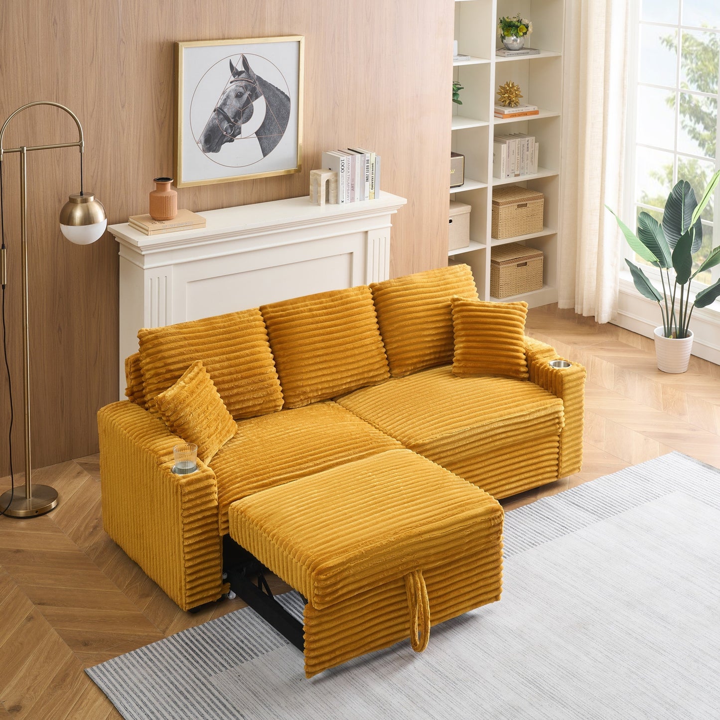 An 80-Inch Two-In-One Pull-Out, Foldable and Hidden Chaise Longue Orange Corduroy Sofa With Cup Holders and Pillows