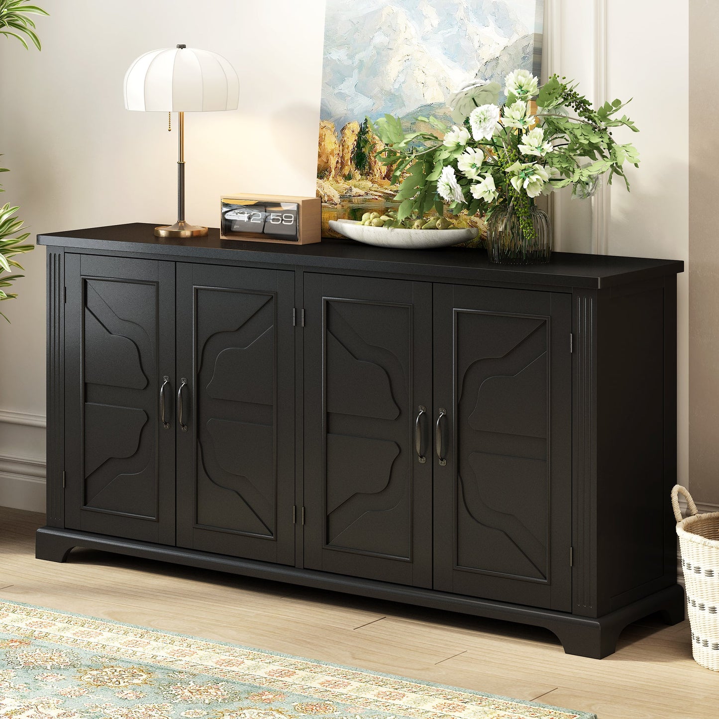 U_STYLE American Country Style Wooden Sideboard With Pine Doors and Legs, 4 Metal Handles, for Hallway Entryway Living R