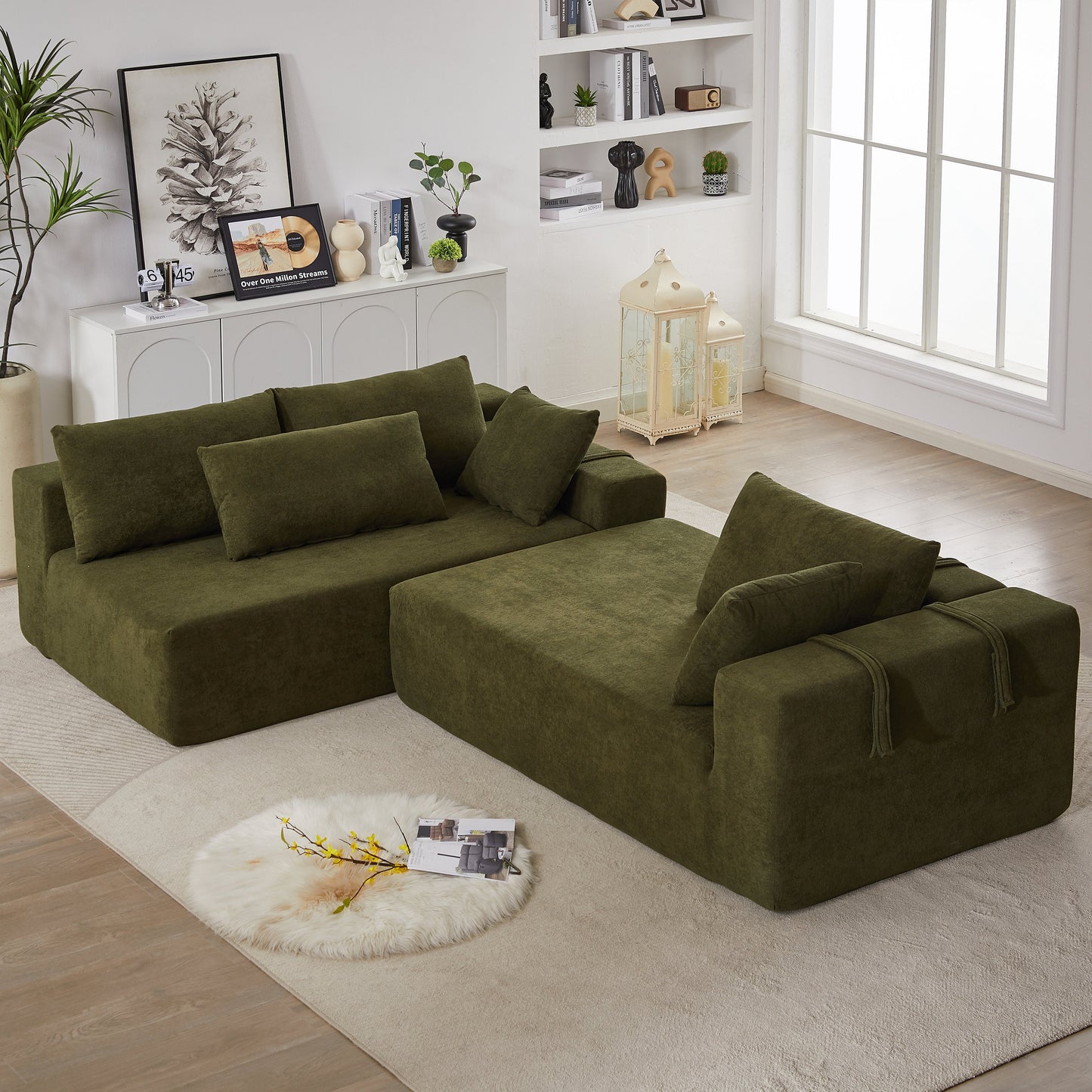 Modern Chenille Upholstered Sectional Sofa Couch Set,Modular 108" L Shaped Sectional Living Room Sofa Set With 6 Pillows