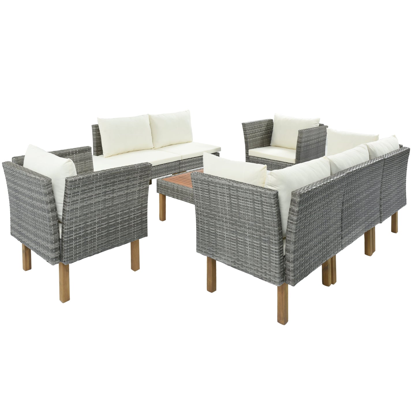 9-Piece Outdoor Patio Garden Wicker Sofa Set, Gray PE Rattan Sofa Set, With Wood Legs, Acacia Wood Tabletop