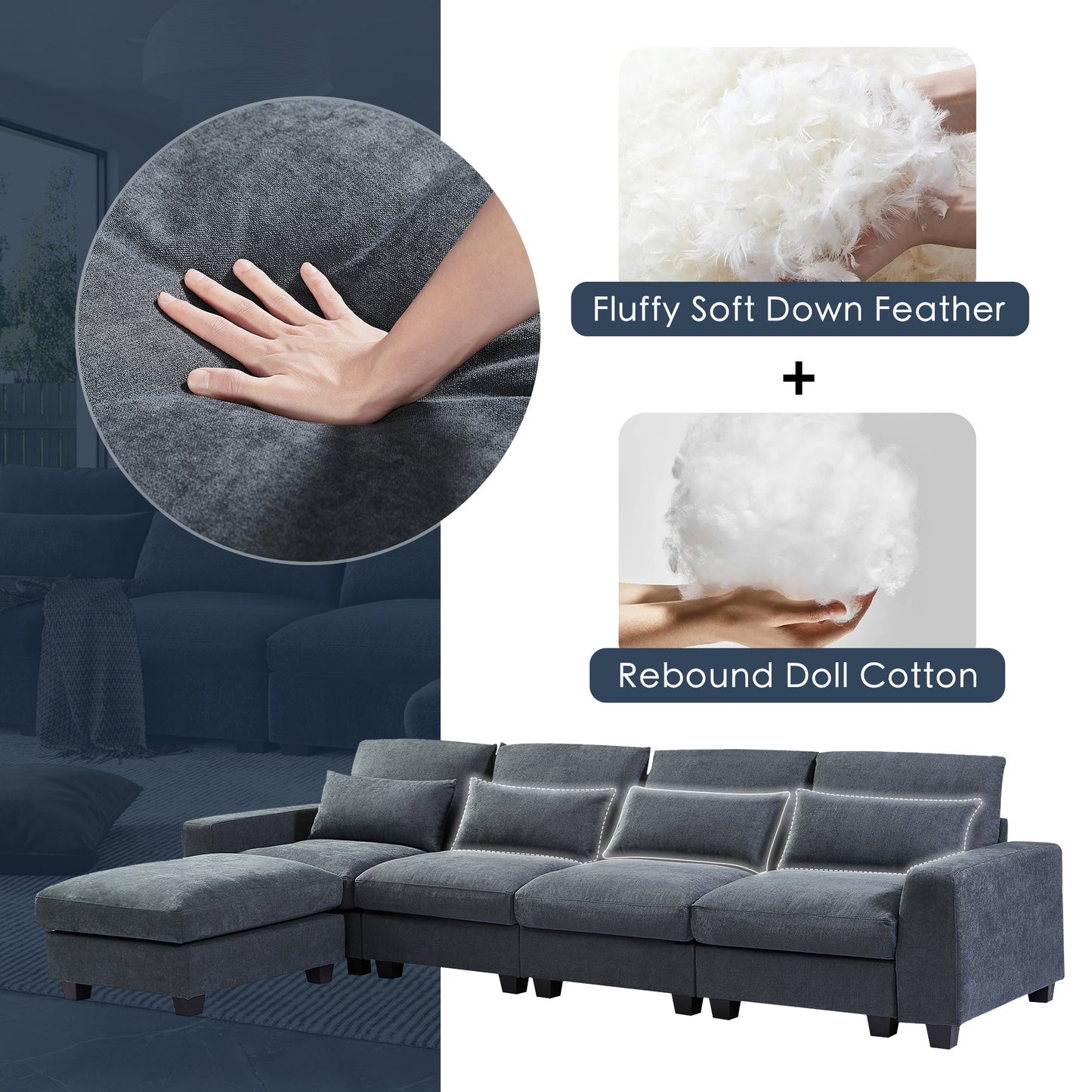 Modern Large L-Shape Feather Filled Sectional Sofa, Convertible Sofa Couch
