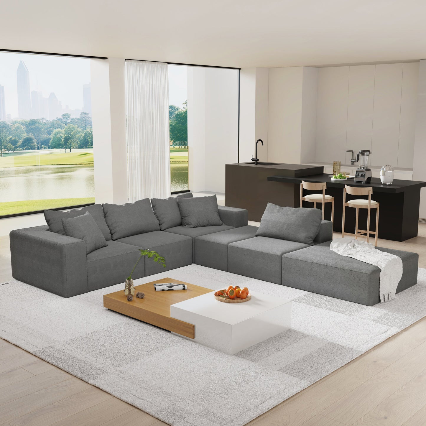Modern Upholstered Sectional Sofa Couch Set,Modular 132" L Shaped Sectional Living Room Sofa Set With 6 Pillows,Free Com
