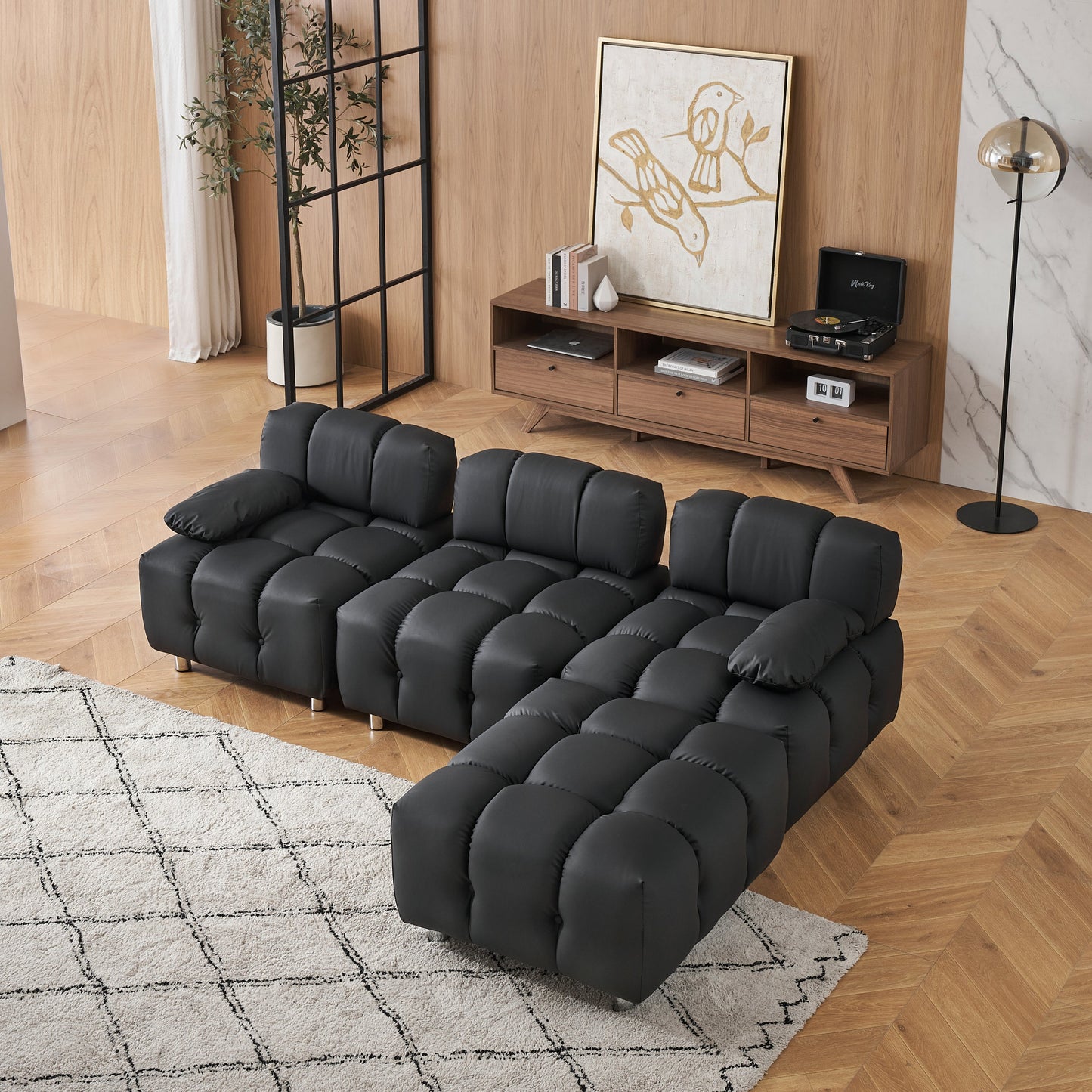 A 90.60-Inch Technology Cloth Black Sofa, Waterproof, Stain and Cat Scratch Resistant, Can Comfortably Sit