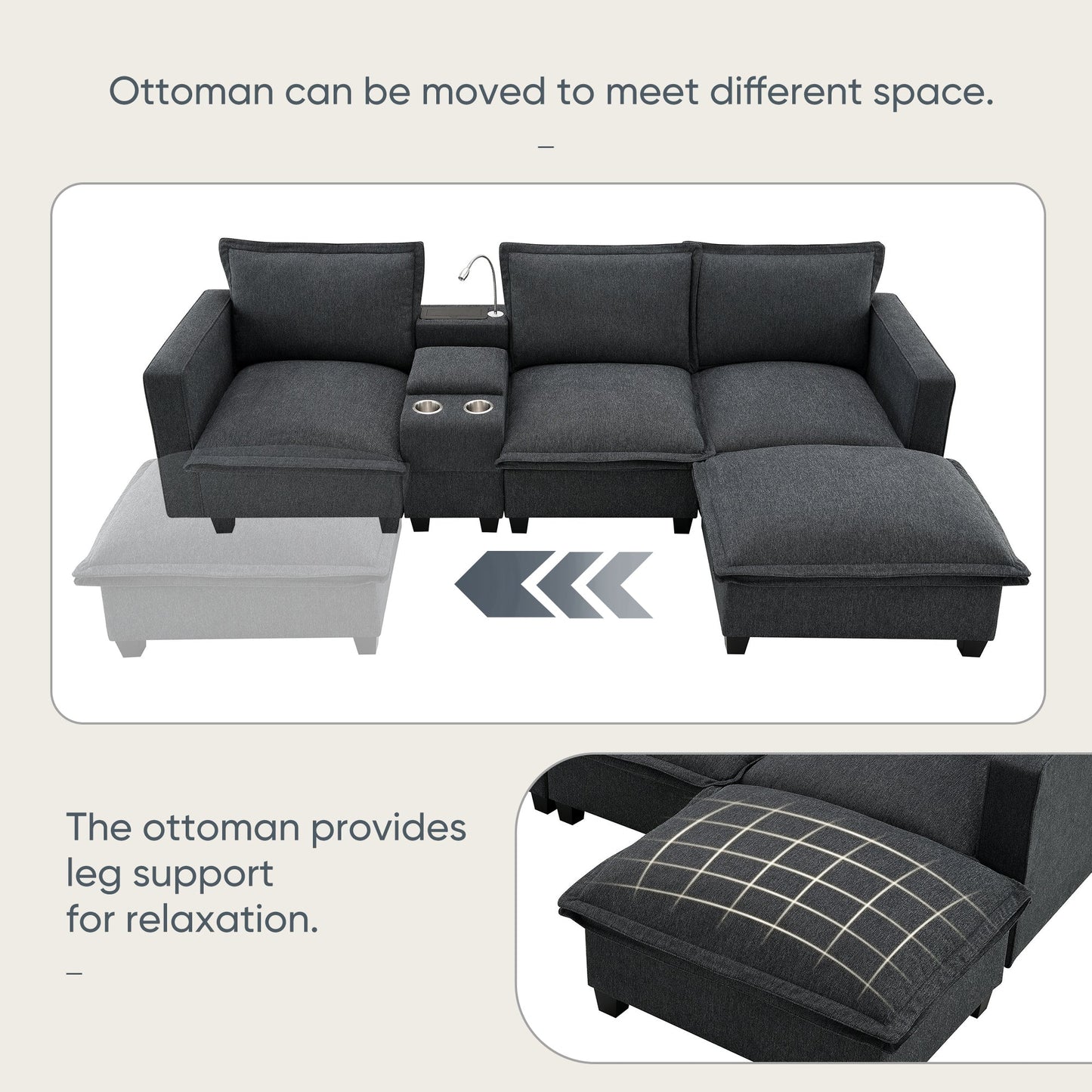 109*57" Modern Sectional Cloud Sofa With Console,USB Charger,Reading Light,Cup Holder,Wide Seat,4 Seat Chenille Modular