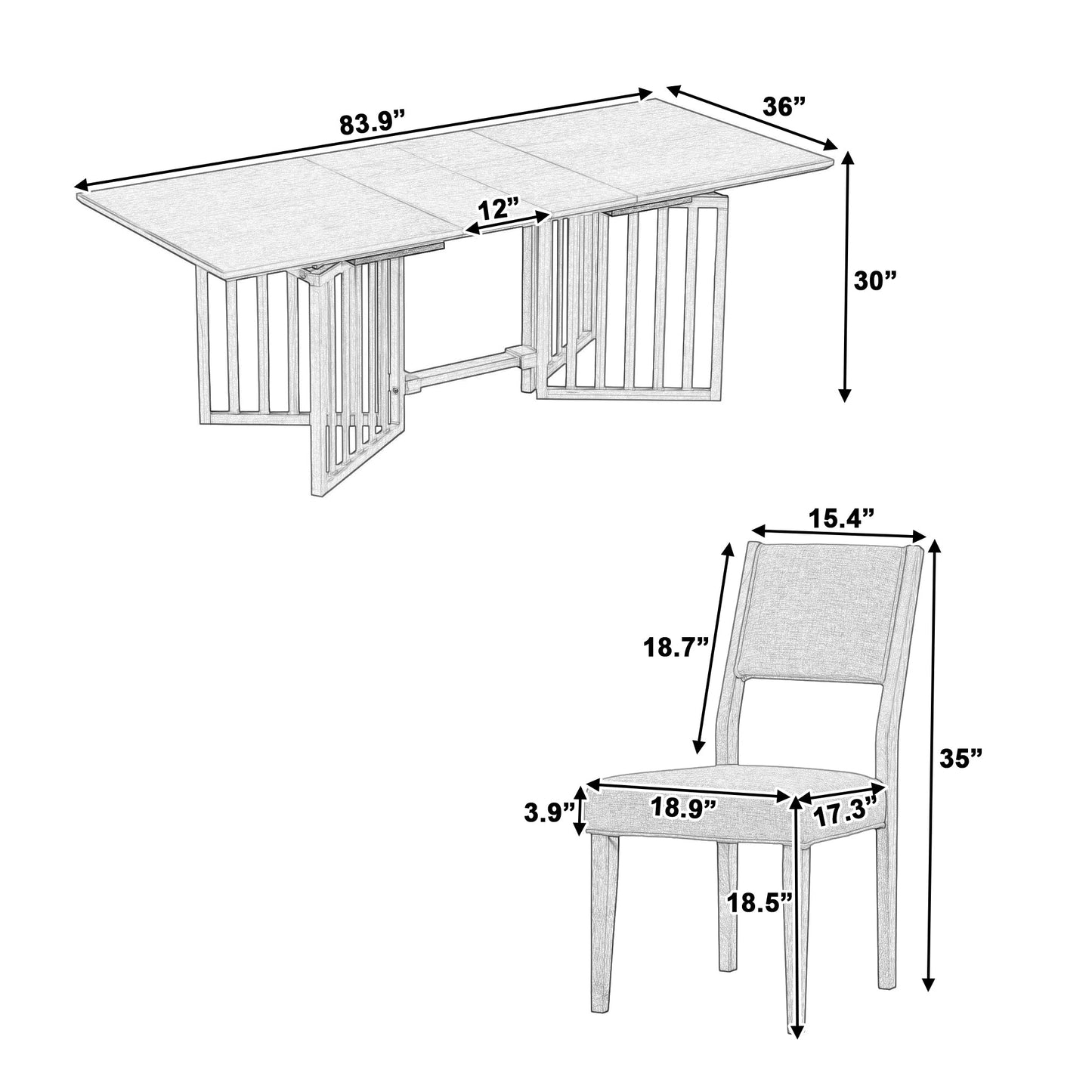 Farmhouse 9-Piece 83.9inch Extendable Dining Table Set With 2 12-Inch Removable Leaves and 8 Upholstered Dining Chairs,