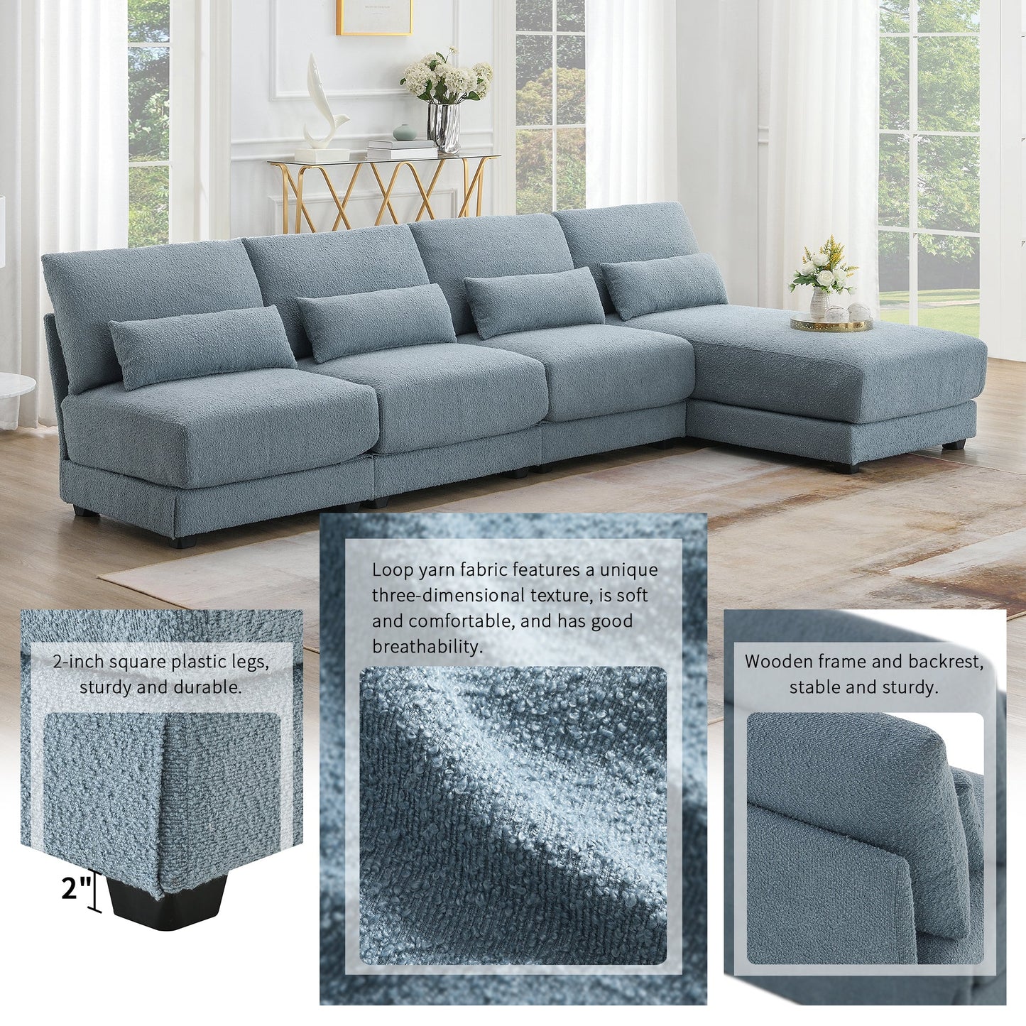 120*61" Oversized Deep Seat Sectional Sofa With Reversible Chaise,Loop Yarn Fabric 5-Seat Armless Indoor Furniture